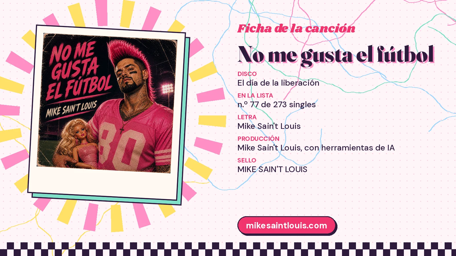 Ficha de la canción «No me gusta el fútbol» con su carátula: disco «El día de la liberación», letra y producción de Mike Sain't Louis