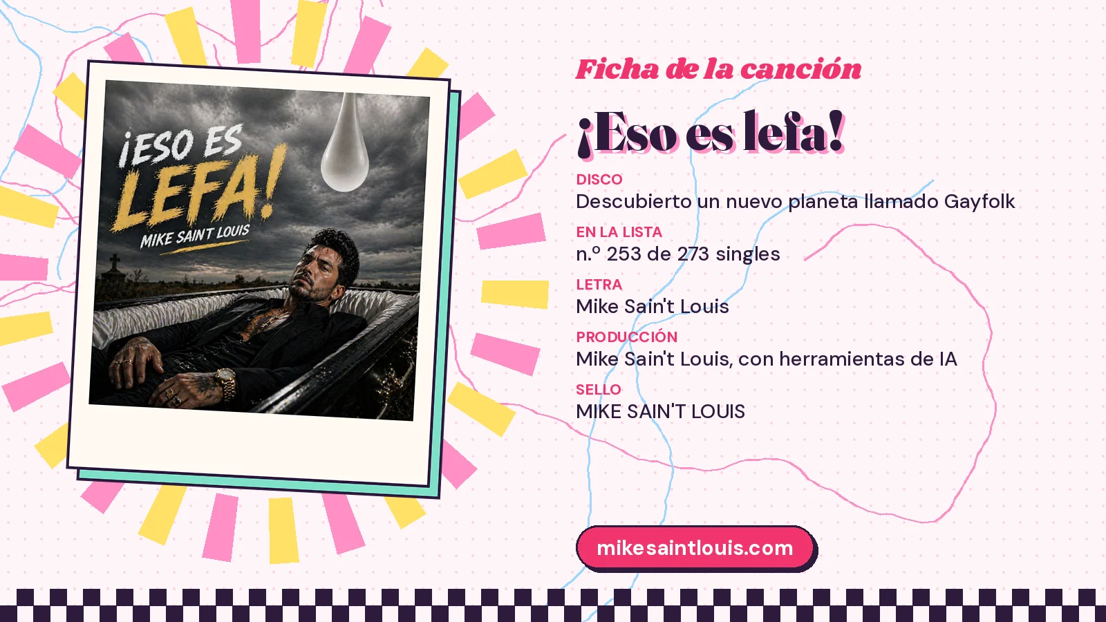 Ficha de la canción «¡Eso es lefa!» con su carátula: disco «Descubierto un nuevo planeta llamado Gayfolk», letra y producción de Mike Sain't Louis