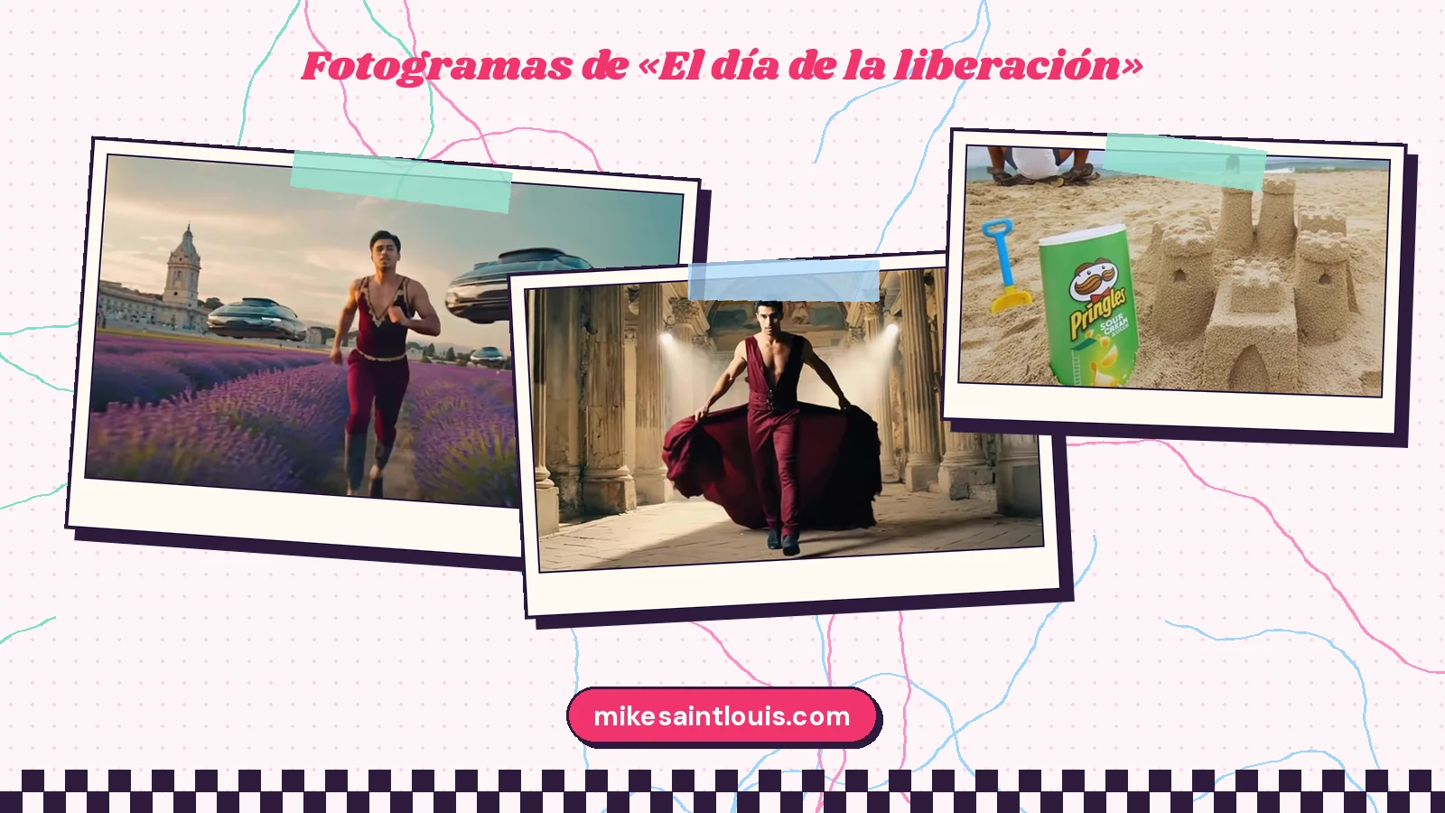 Tres fotogramas del videoclip de «El día de la liberación»: el protagonista corre entre lavandas con naves plateadas flotando detrás, gira una falda granate en un palacio con columnas y un bote verde de Pringles espera junto a un castillo de arena