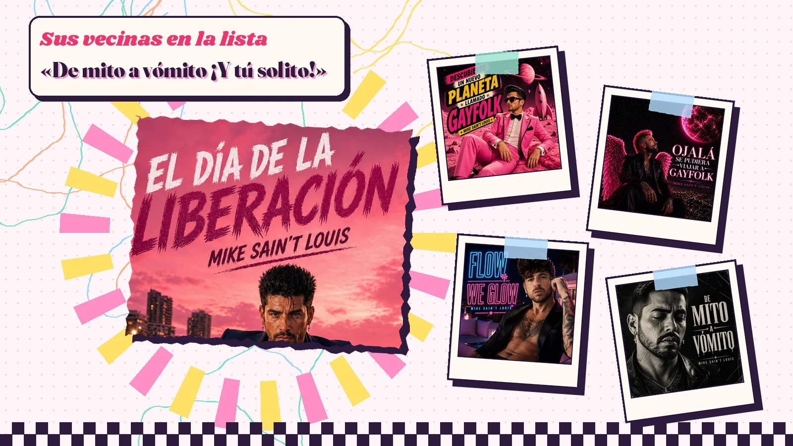 Collage con la carátula de «El día de la liberación» sobre una playa rosa, los versos «De mito a vómito ¡Y tú solito!» y las portadas de los discos «Descubierto un nuevo planeta llamado Gayfolk» y «Ojalá se pudiera viajar a Gayfolk», de «Flow / We Glow» y de «De mito a vómito»