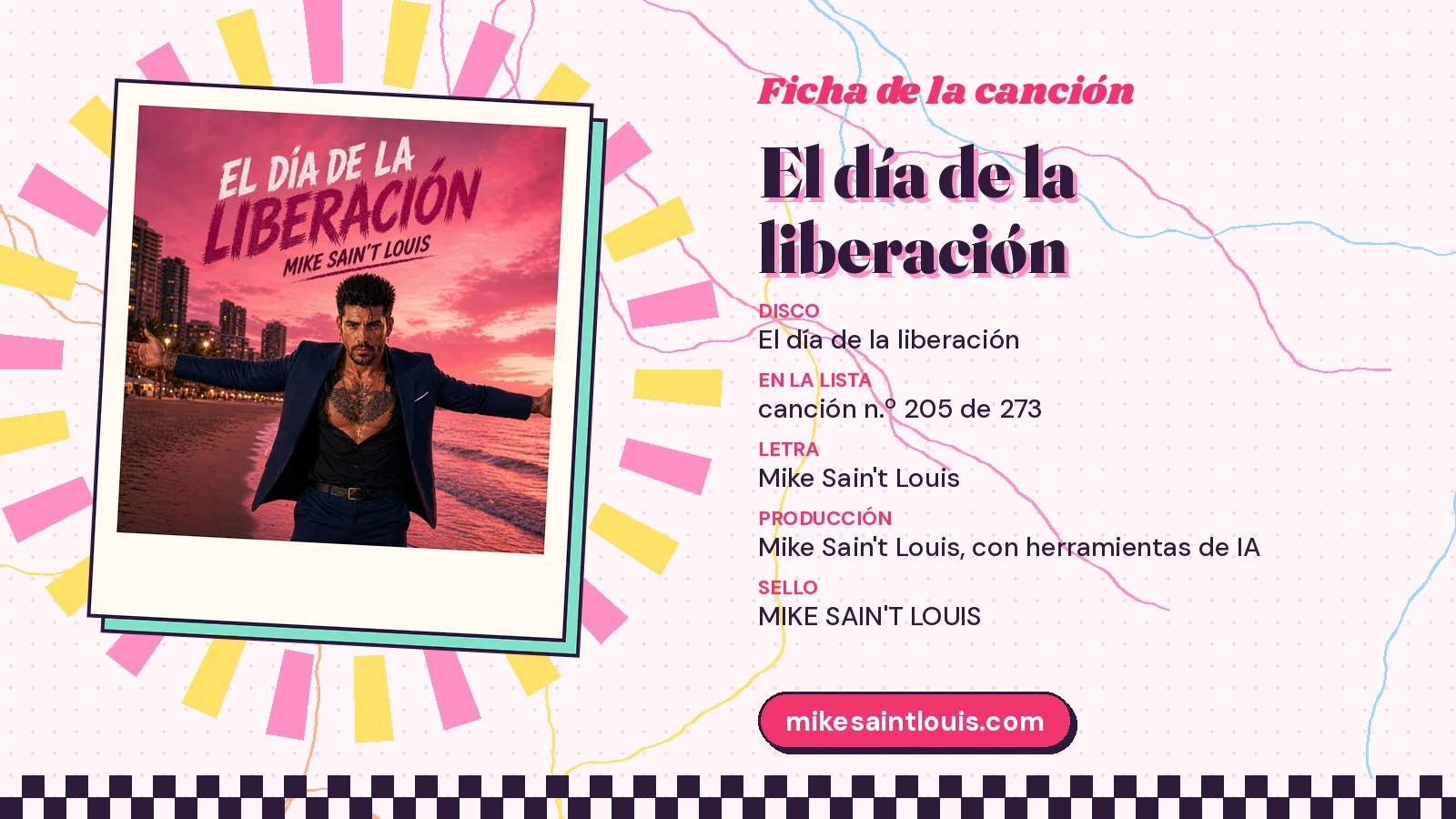 Ficha de «El día de la liberación» con la carátula del hombre de traje azul y brazos abiertos en la orilla: disco «El día de la liberación», canción n.º 205 de 273, letra y producción de Mike Sain't Louis