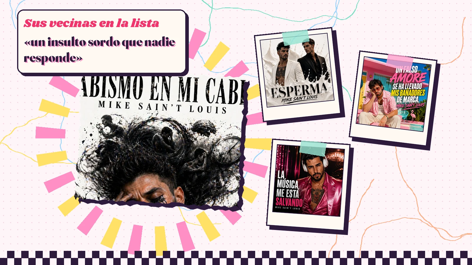 Collage con un detalle de la carátula de «El abismo en mi cabeza» y las carátulas de «Esperma», «Un falso amore se ha llevado mis bañadores de marca», «La música me está salvando»