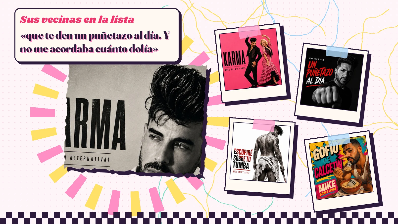 Collage with a detail of the «Karma (Versión Alternativa)» cover art and the covers of «Karma», «Un puñetazo al dia», «Escupiré Sobre Tu Tumba» and «Gofio De Calcetín»