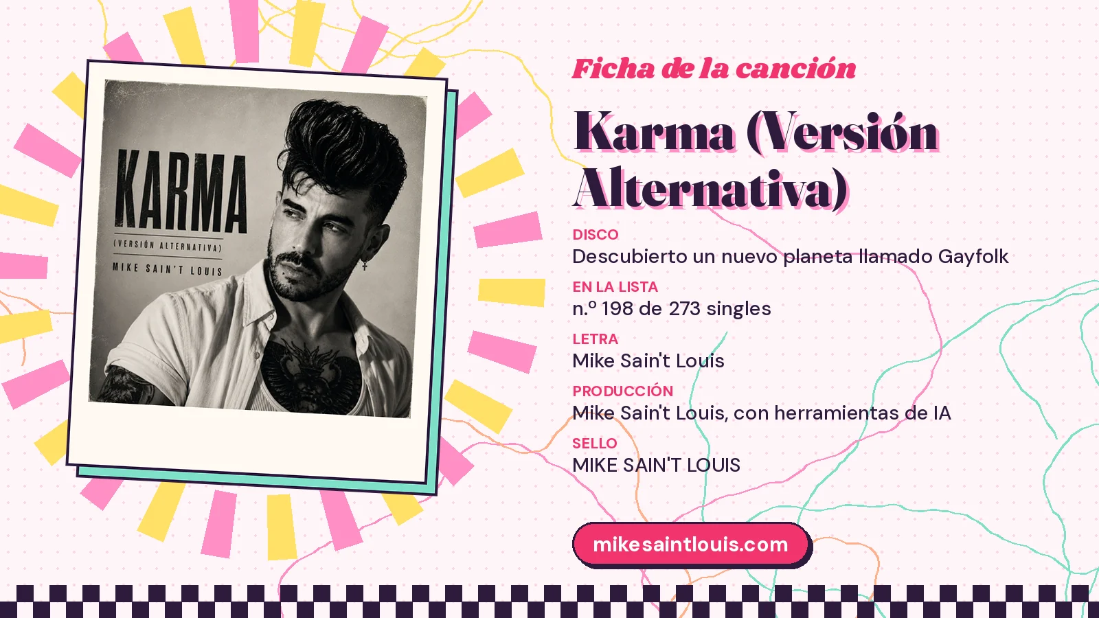 Song card for «Karma (Versión Alternativa)» with its cover art: from the album «Descubierto un nuevo planeta llamado Gayfolk», lyrics and production by Mike Sain't Louis