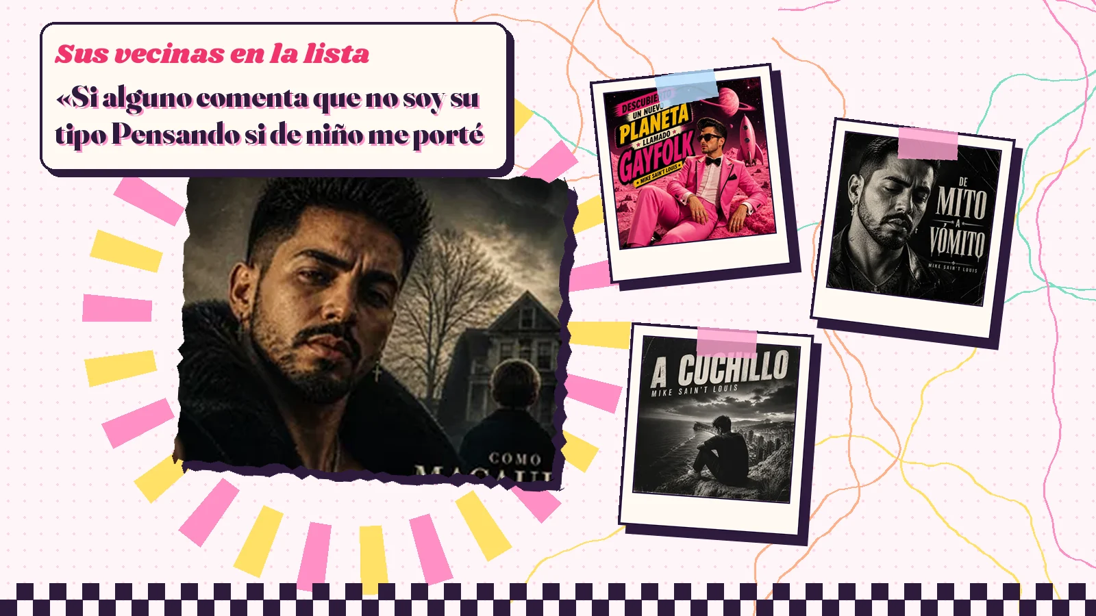 Collage con un detalle de la carátula de «Como Macaulay Culkin en El buen hijo» y las carátulas de «Descubierto un nuevo planeta llamado Gayfolk», «De mito a vómito», «A cuchillo»