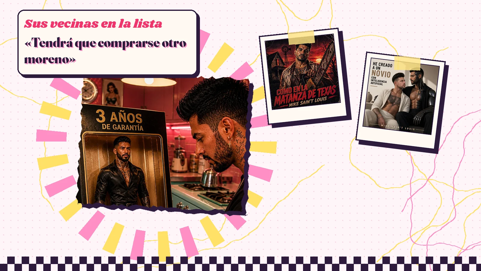 Collage con un detalle de la carátula de «3 Años de Garantía» y las carátulas de «Como en la matanza de Texas», «He creado un novio con inteligencia artificial»