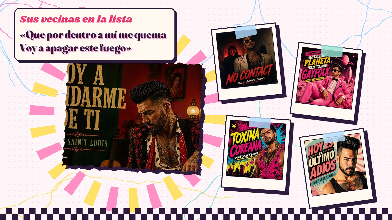 Collage with a detail of the «Voy a Olvidarme De Ti» cover art and the covers of «No Contact», «Descubierto un nuevo planeta llamado Gayfolk», «Toxina Coreana» and «Hoy Es el Último Adiós»