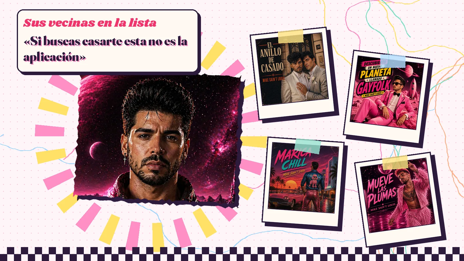 Collage with a detail of the «Buscando el polvo perfecto» cover art and the covers of «El anillo de casado», «Descubierto un nuevo planeta llamado GAYFOLK», «Marica chill» and «Mueve las plumas»