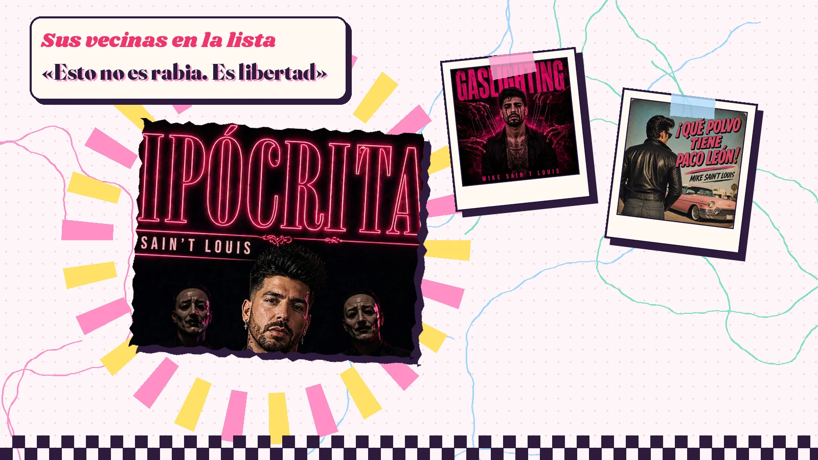 Collage con un detalle de la carátula de «Hipócritas» y las carátulas de «Gaslighting», «¡Que Polvo Tiene Paco León!»