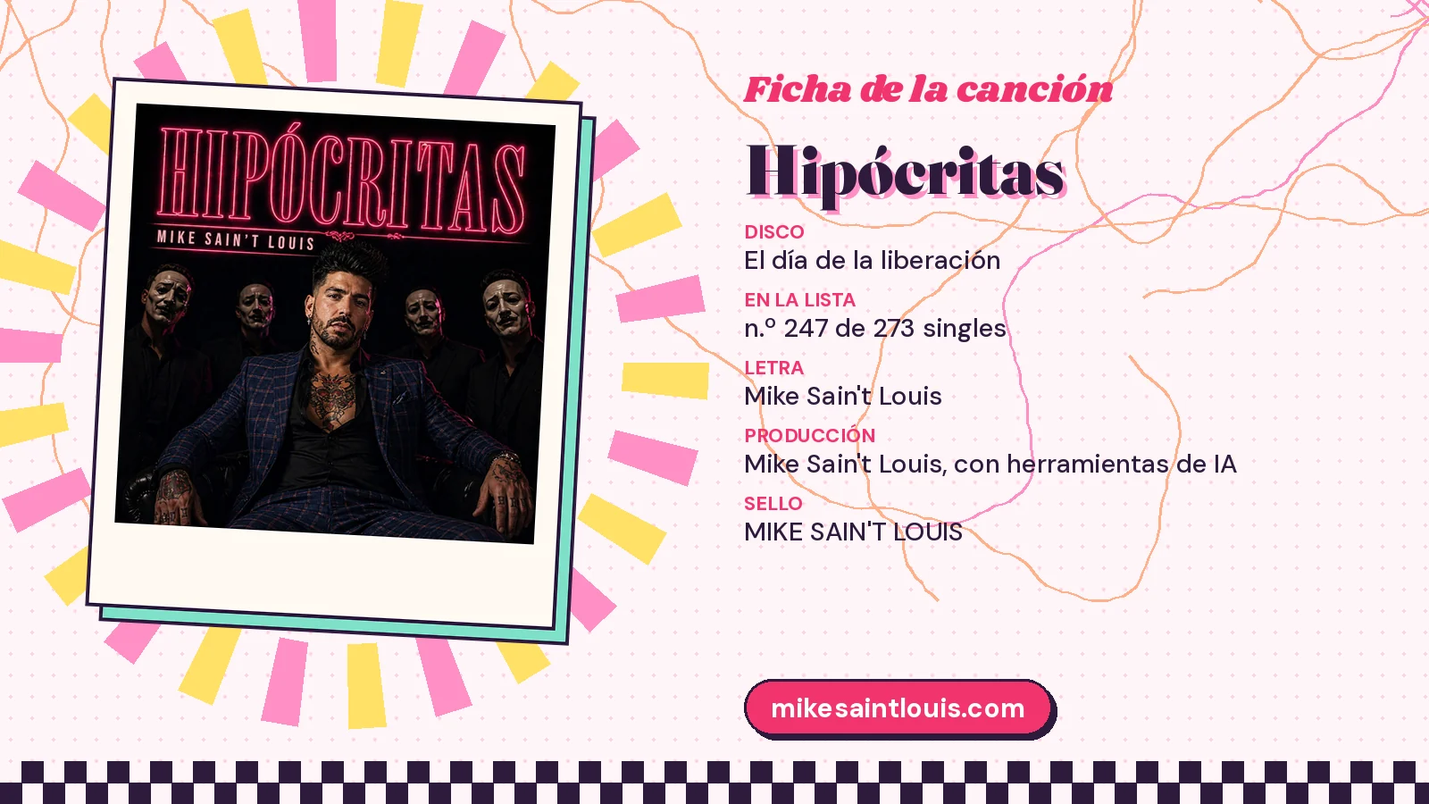 Ficha de la canción «Hipócritas» con su carátula: disco «El día de la liberación», letra y producción de Mike Sain't Louis