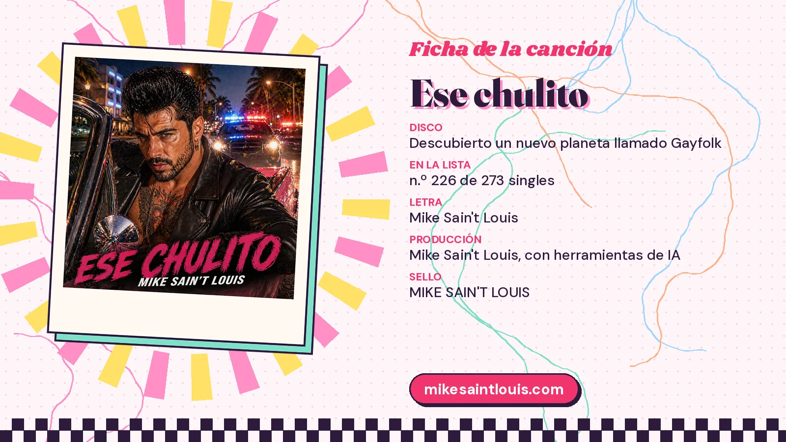 Song card for «Ese chulito» with its cover art: from the album «Descubierto un nuevo planeta llamado Gayfolk», lyrics and production by Mike Sain't Louis