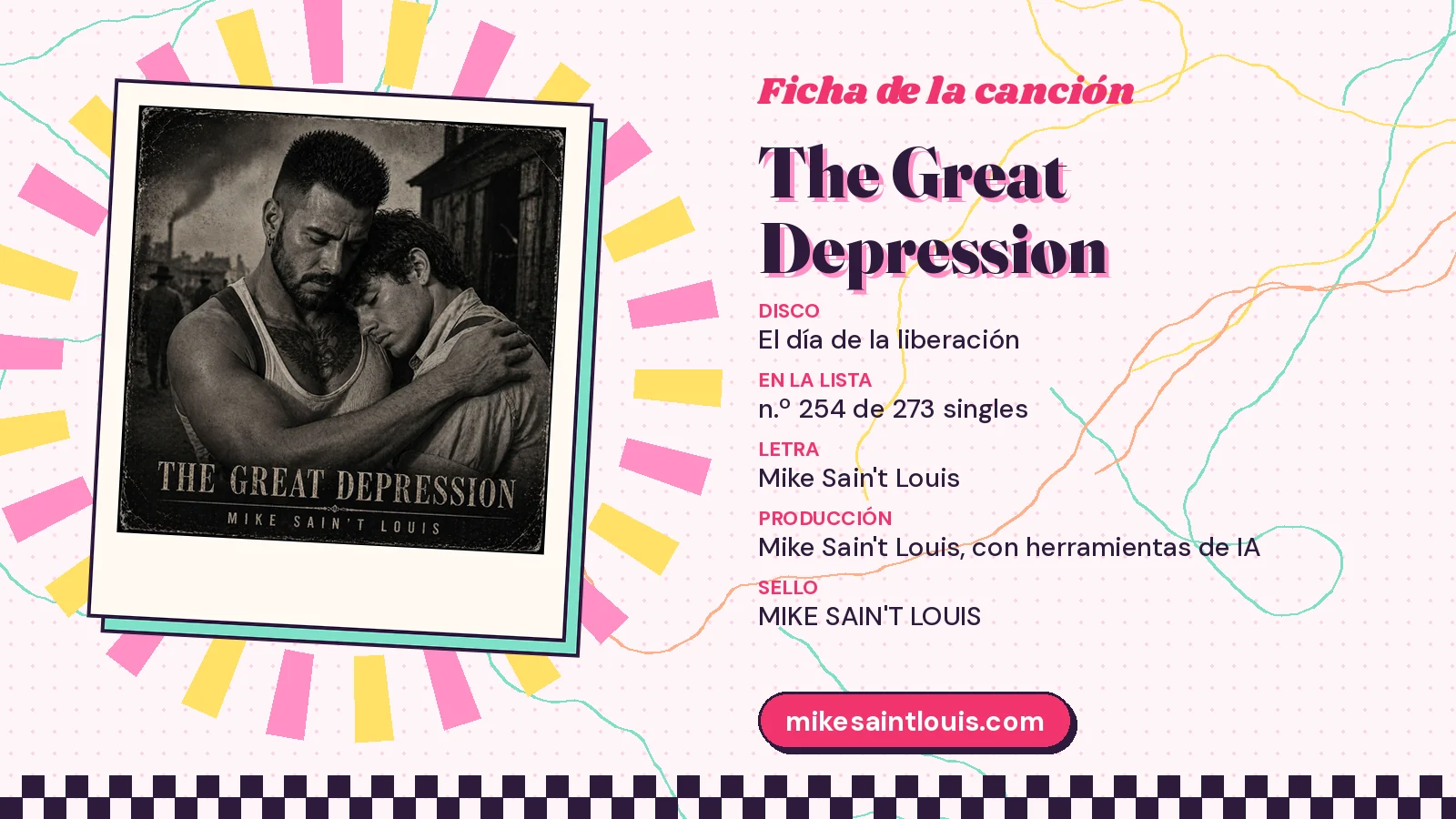Ficha de la canción «The Great Depression» con su carátula: disco «El día de la liberación», letra y producción de Mike Sain't Louis