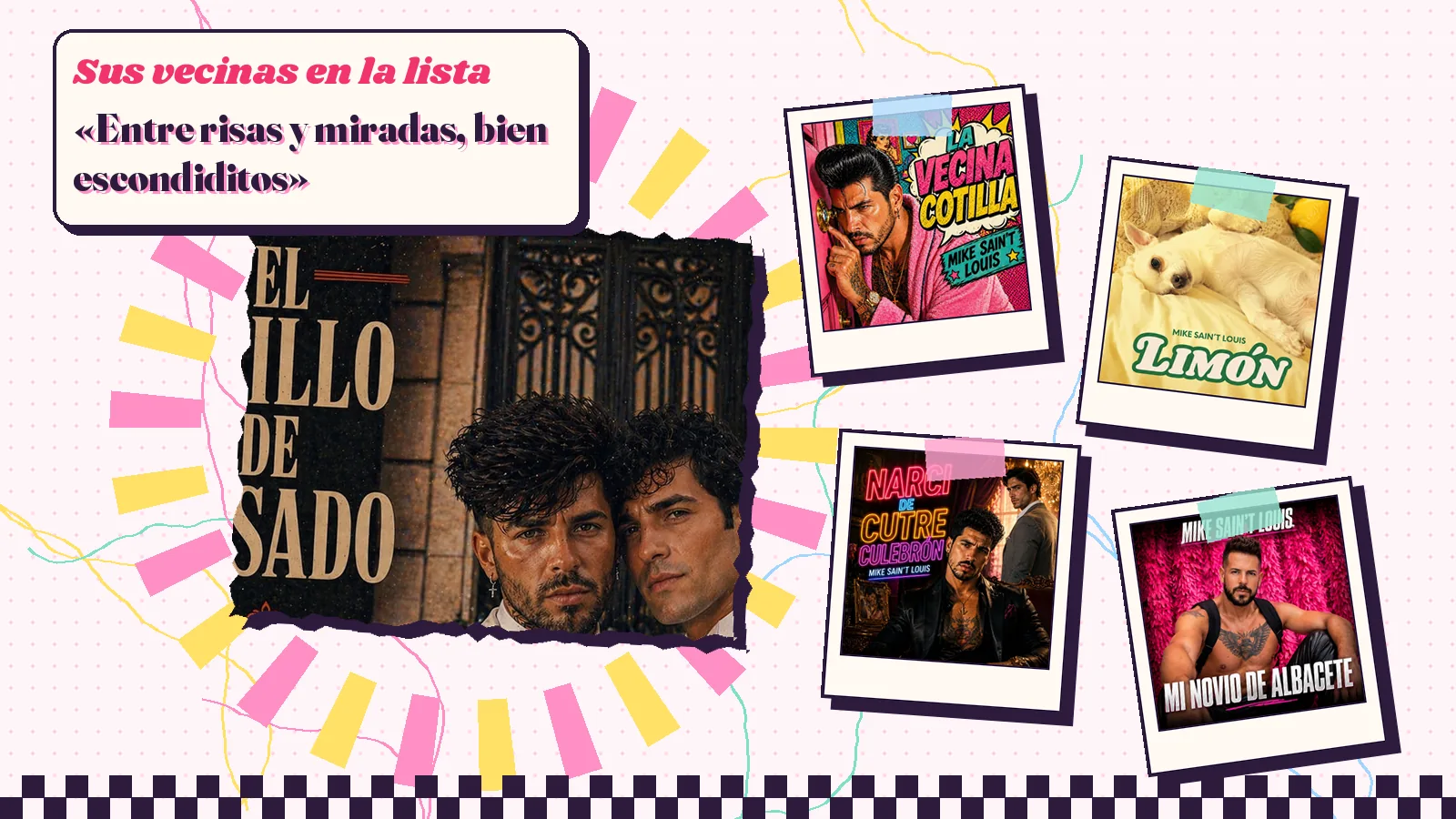 Collage with a detail of the «El anillo de casado» cover art and the covers of «La vecina cotilla», «Limón», «Narci de cutre culebrón» and «Mi novio de Albacete»