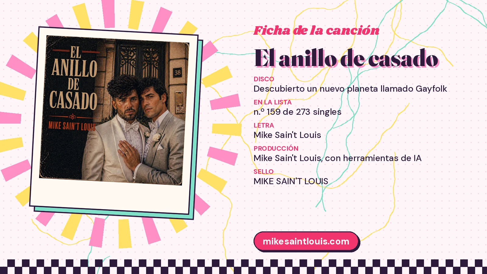 Song card for «El anillo de casado» with its cover art: from the album «Descubierto un nuevo planeta llamado Gayfolk», lyrics and production by Mike Sain't Louis