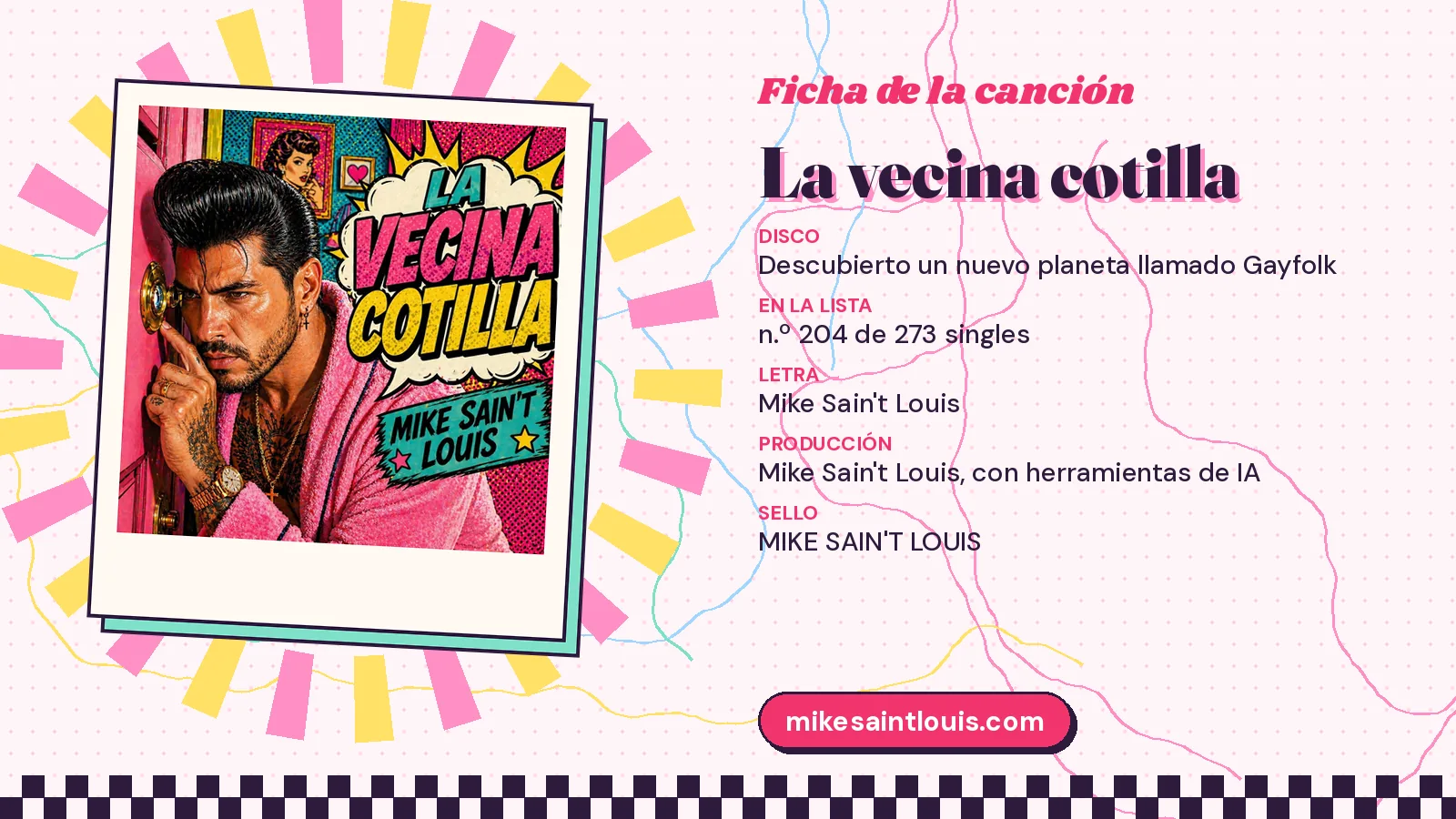 Ficha de la canción «La vecina cotilla» con su carátula: disco «Descubierto un nuevo planeta llamado Gayfolk», letra y producción de Mike Sain't Louis