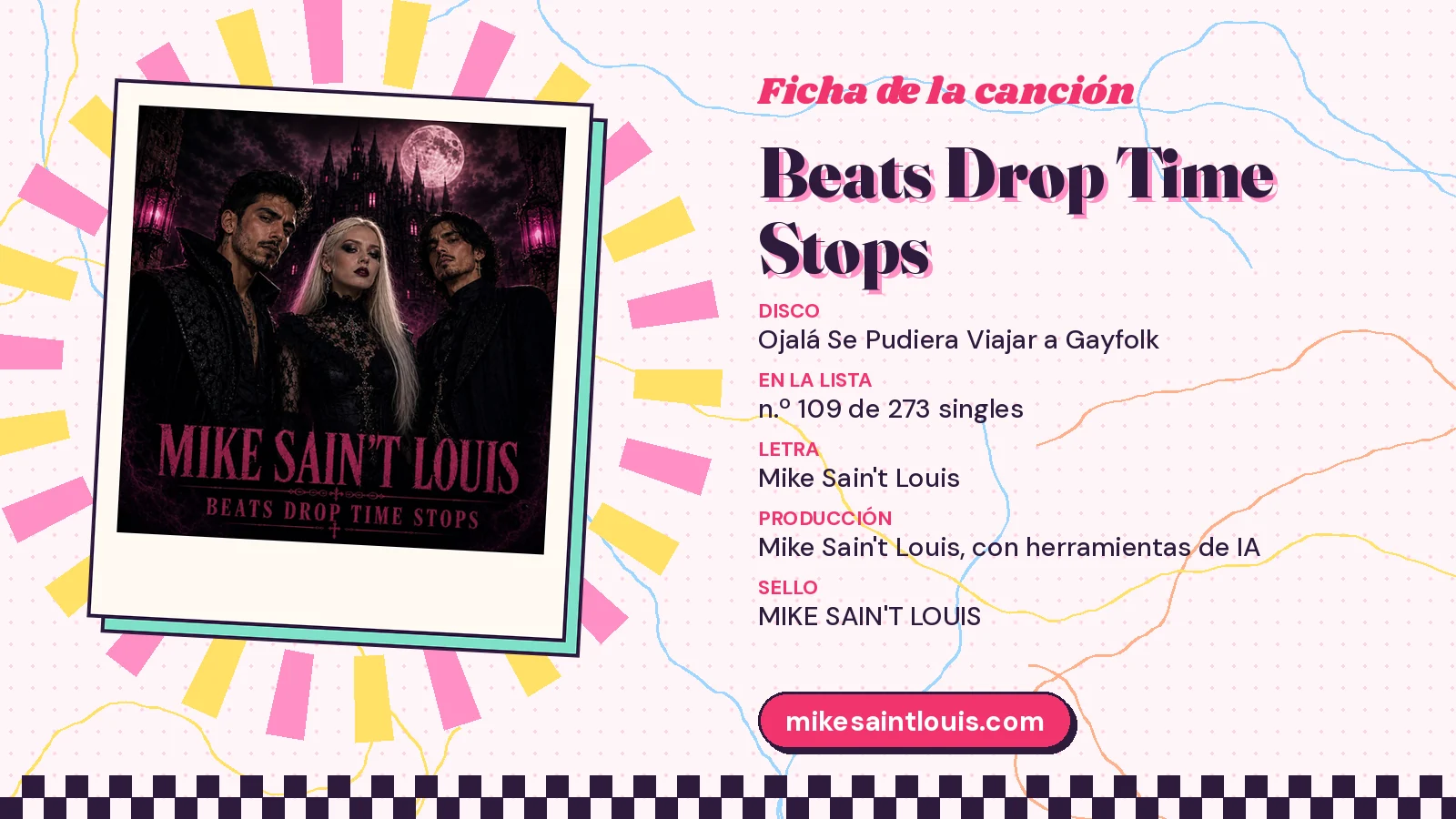 Ficha de la canción «Beats Drop Time Stops» con su carátula: disco «Ojalá Se Pudiera Viajar a Gayfolk», letra y producción de Mike Sain't Louis