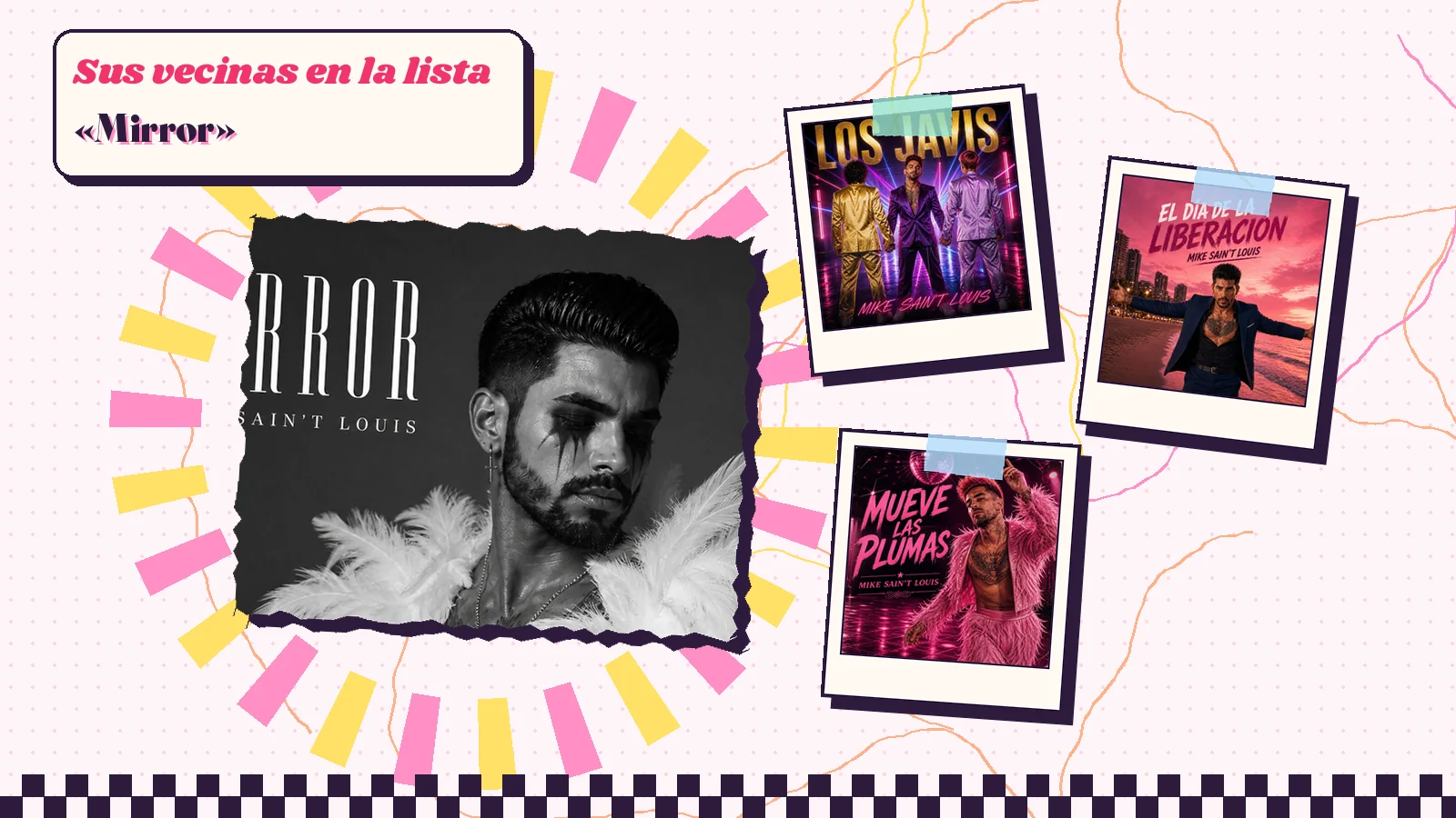 Collage with a detail of the «Mirror» cover art and the covers of «Los Javis», «El día de la liberación» and «Mueve las plumas»