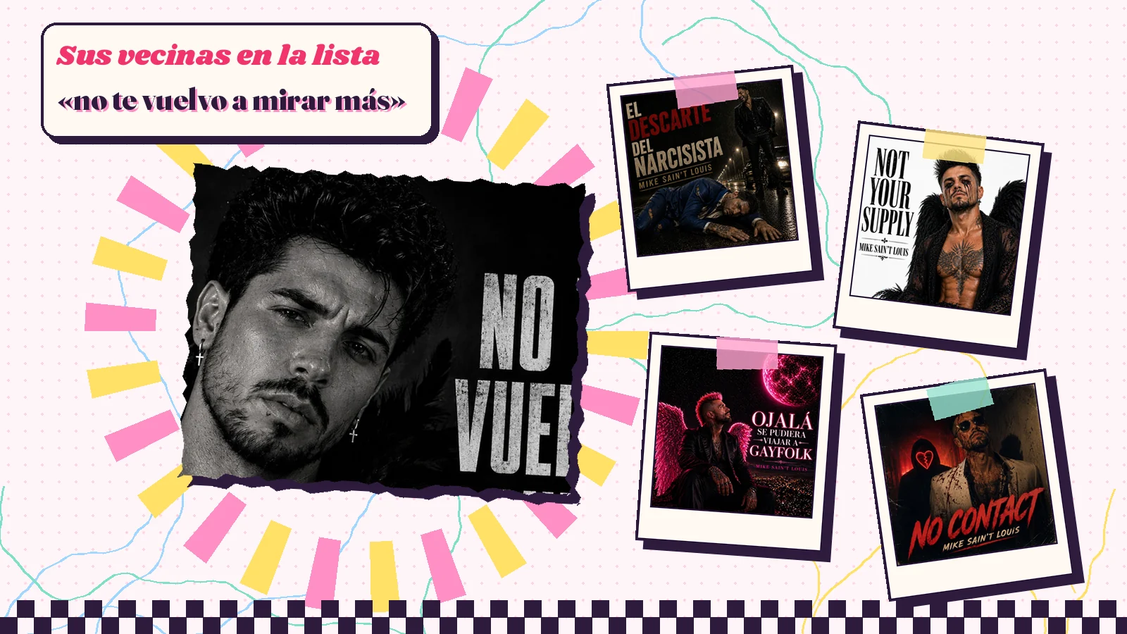 Collage con un detalle de la carátula de «No te vuelvo a mirar más» y las carátulas de «El descarte del narcisista», «Not Your Supply», «Ojalá se pudiera viajar a Gayfolk», «No Contact»