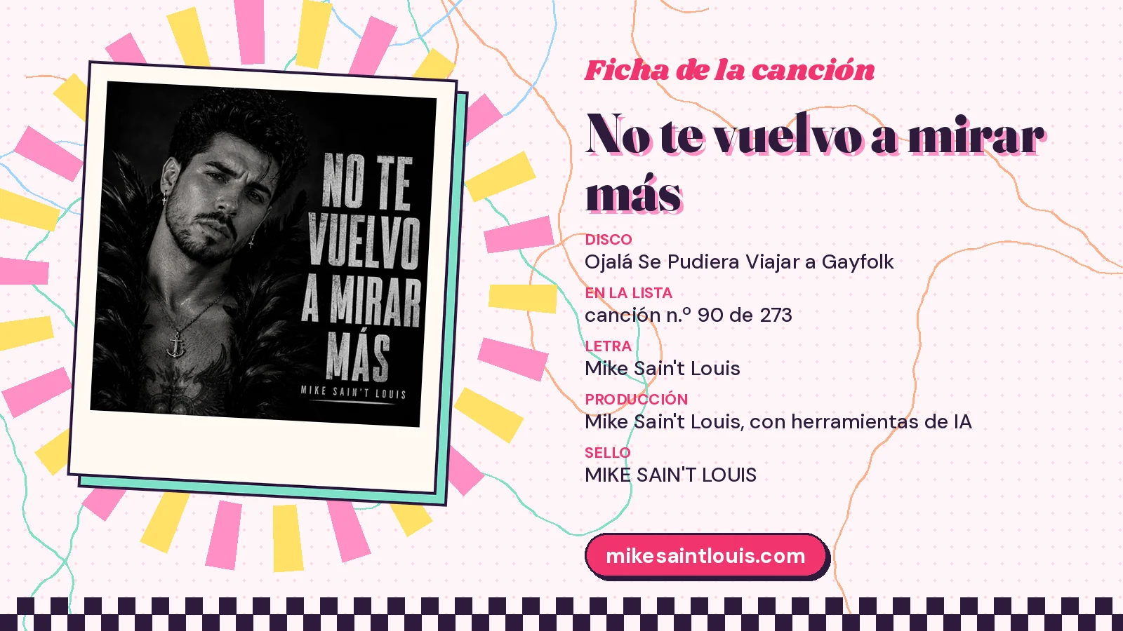 Ficha de la canción «No te vuelvo a mirar más» con su carátula: disco «Ojalá Se Pudiera Viajar a Gayfolk», letra y producción de Mike Sain't Louis