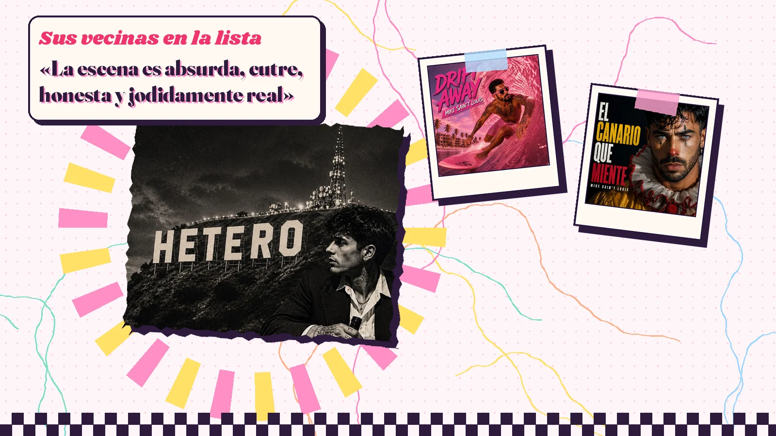 Collage con un detalle de la carátula de «Hetero» y las carátulas de «Drift Away», «El canario que miente»