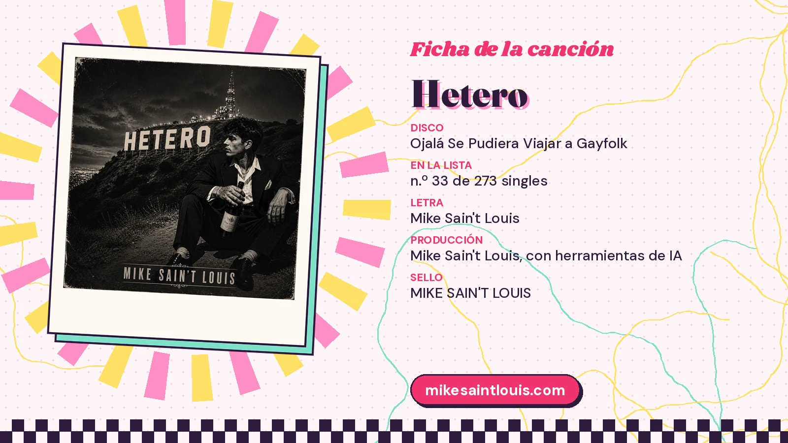 Ficha de la canción «Hetero» con su carátula: disco «Ojalá Se Pudiera Viajar a Gayfolk», letra y producción de Mike Sain't Louis