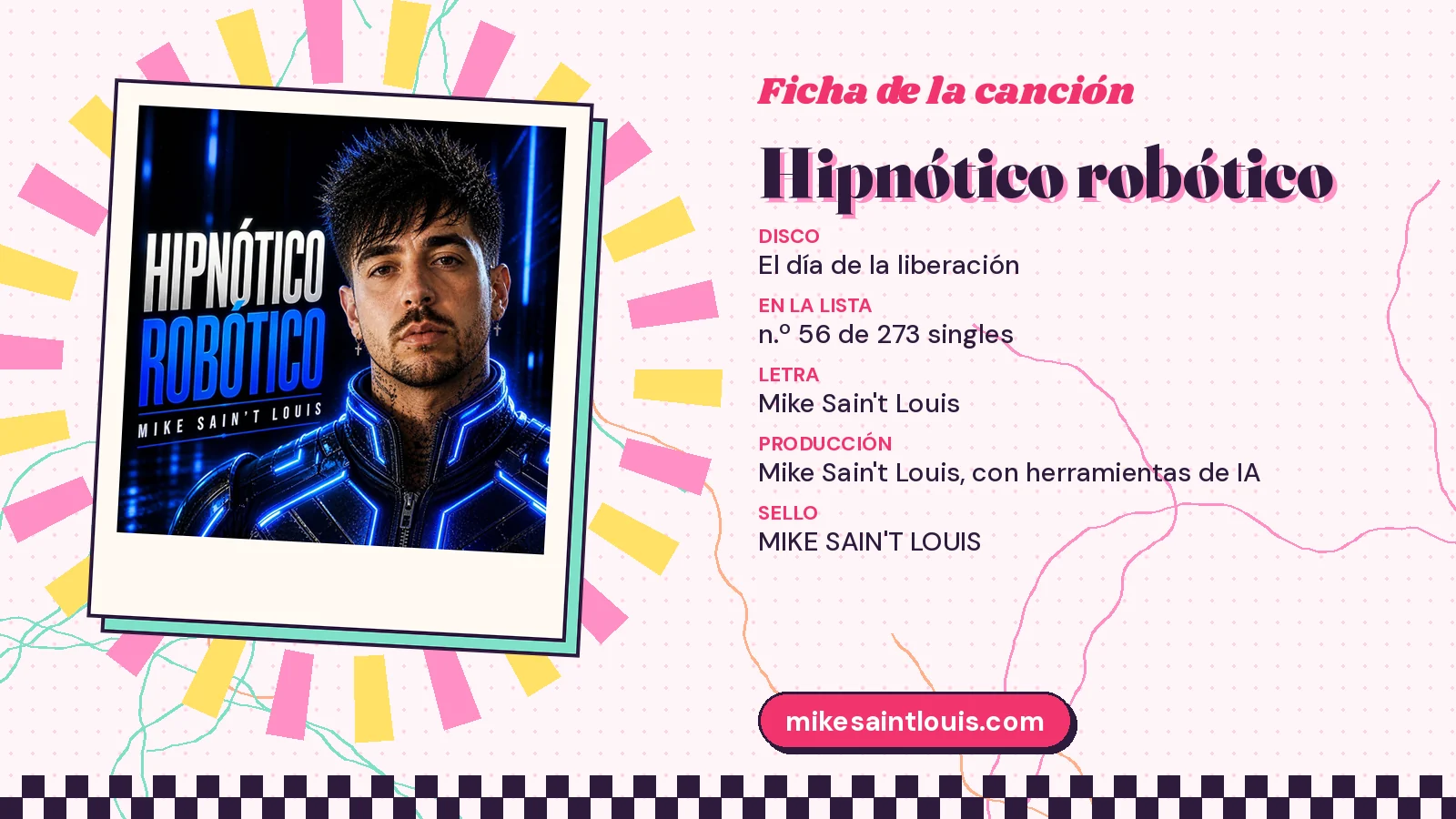 Ficha de la canción «Hipnótico robótico» con su carátula: disco «El día de la liberación», letra y producción de Mike Sain't Louis