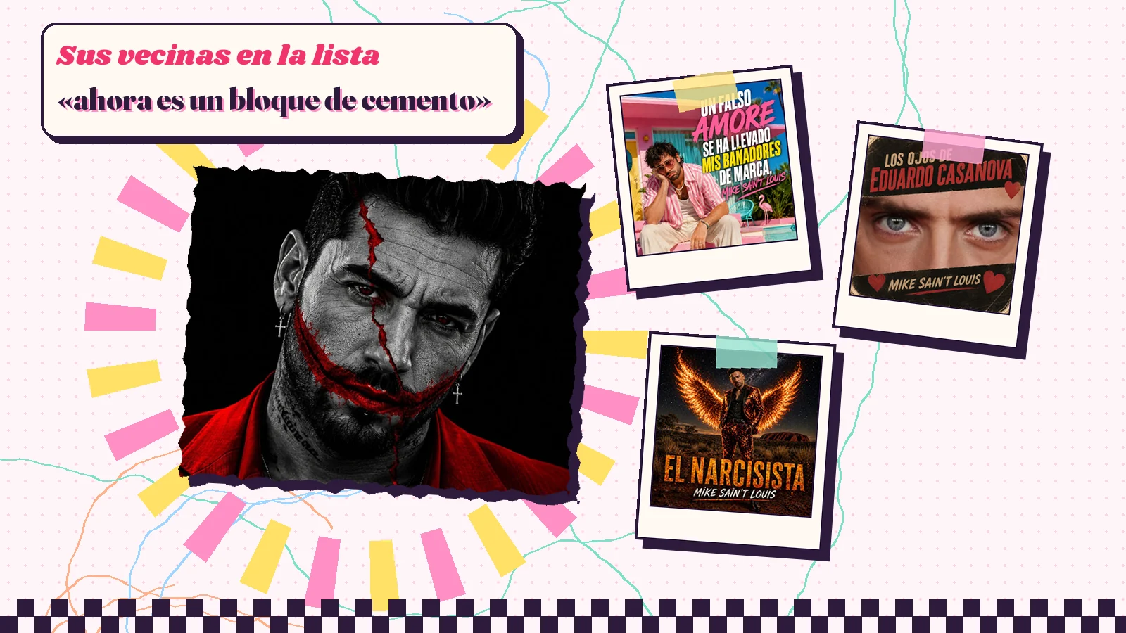 Collage con un detalle de la carátula de «El castigo más duro» y las carátulas de «Un falso amore se ha llevado mis bañadores de marca», «Los ojos de Eduardo Casanova», «El narcisista»
