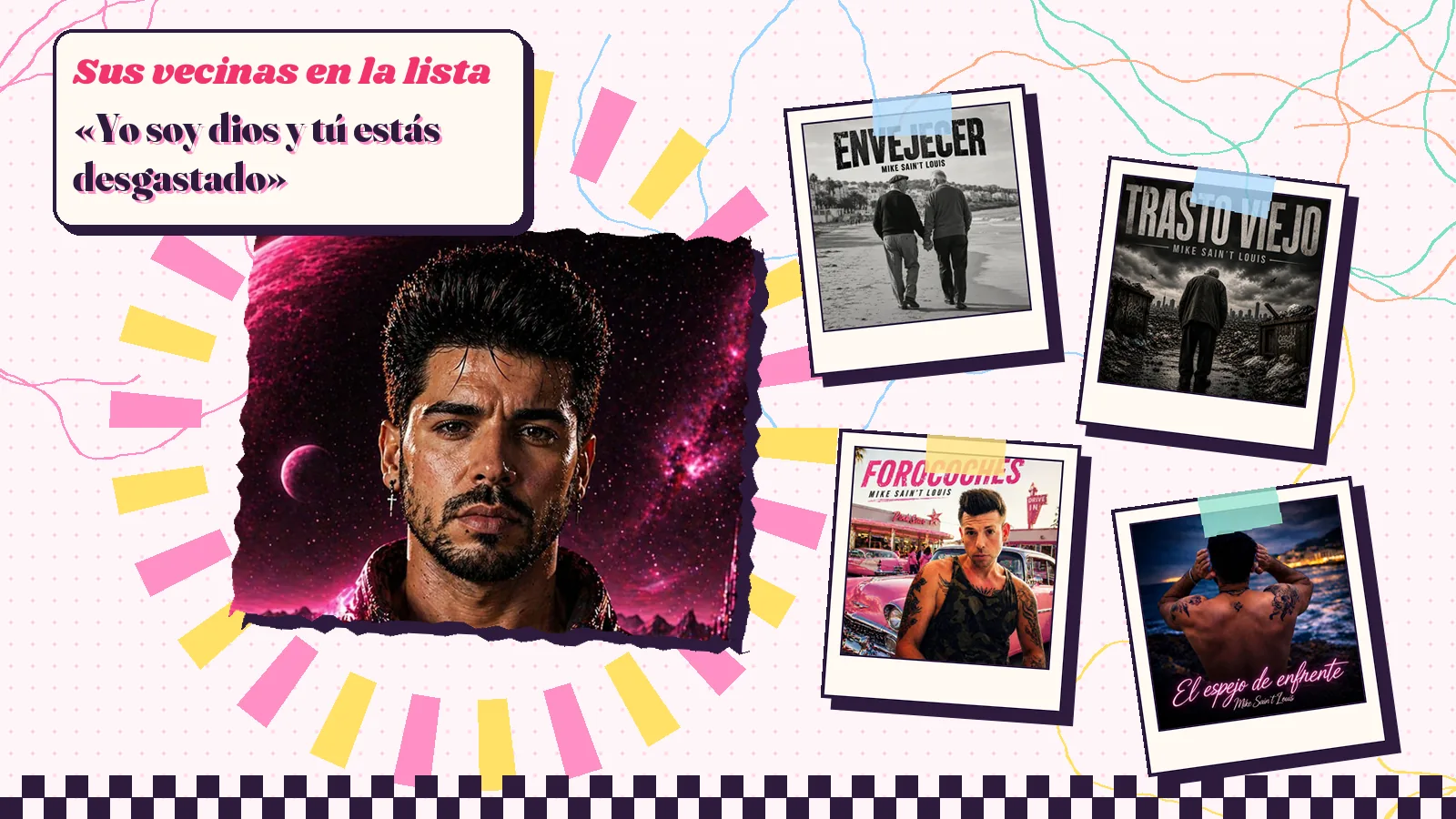 Collage with a detail of the «Buscando el polvo perfecto» cover art and the covers of «Envejecer», «Trasto viejo», «Forocoches» and «El espejo de enfrente»