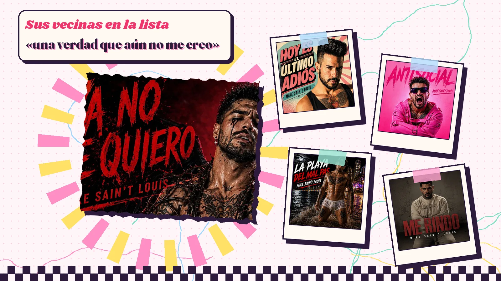 Collage con un detalle de la carátula de «Ya no te quiero» y las carátulas de «Hoy es el último adiós», «Antisocial», «La playa del Mal Pas», «Me rindo»