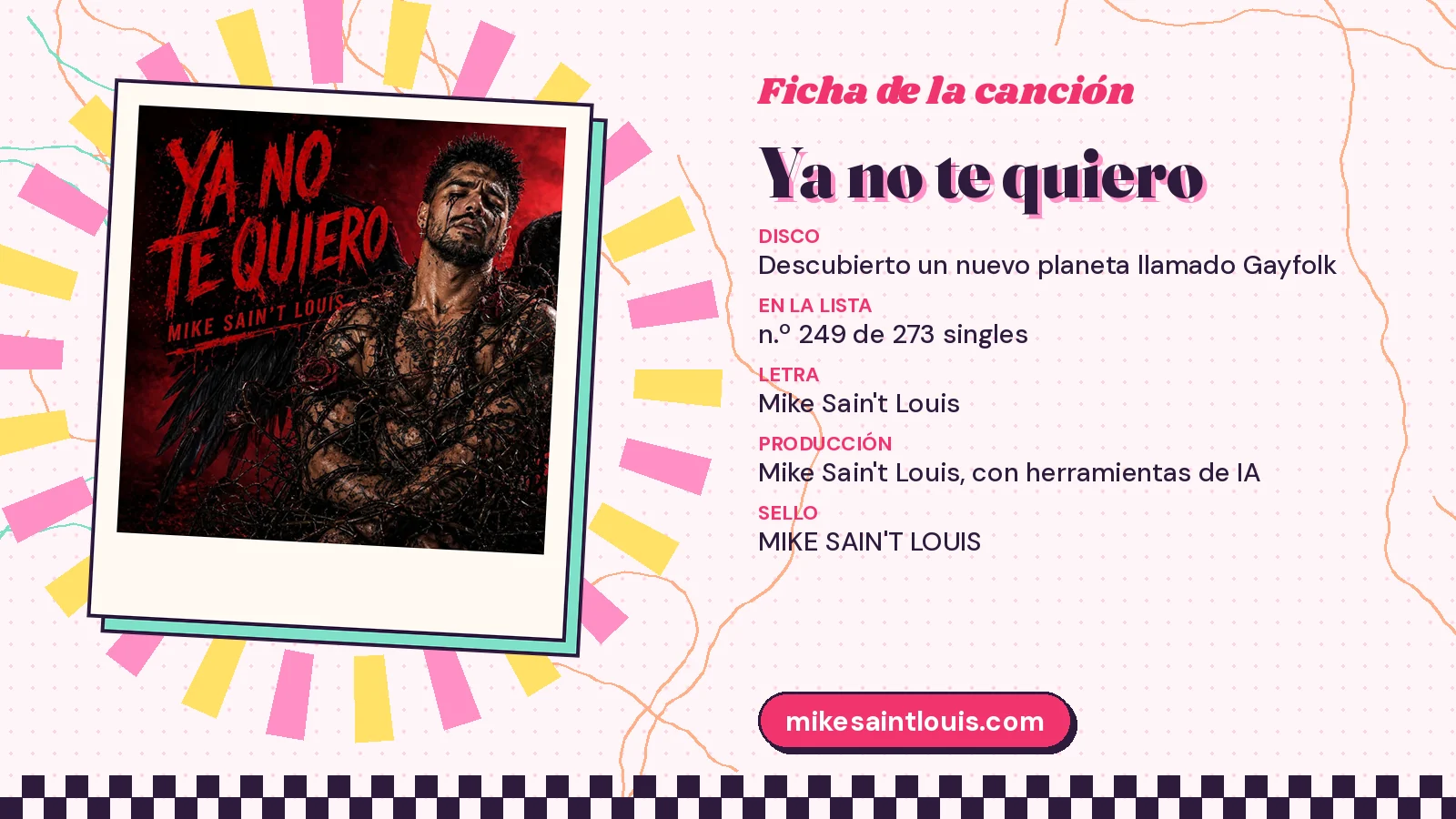 Ficha de la canción «Ya no te quiero» con su carátula: disco «Descubierto un nuevo planeta llamado Gayfolk», letra y producción de Mike Sain't Louis