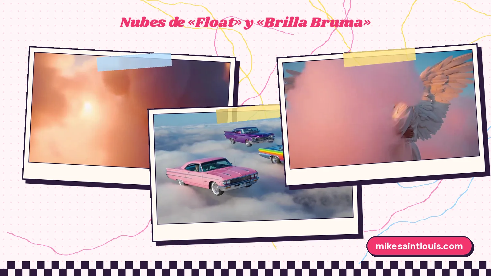 Tres nubes de Planeta Gayfolk: luz dorada entre nubes color melocotón y una figura alada que se mete en algodón rosa en «Float», y coches rosa, morado y arcoíris flotando sobre la niebla en «Brilla Bruma»