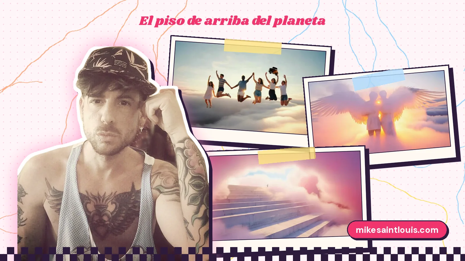 Mike Sain't Louis con gorra estampada y camiseta de tirantes junto a tres fotogramas de nubes: amigos saltando de la mano en «Brilla Bruma», dos siluetas aladas a contraluz en «Float» y una escalinata entre nubes en «Contact Overwhelms Me»