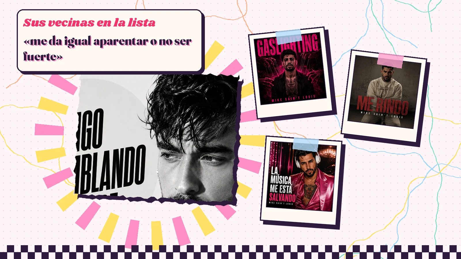 Collage con un detalle de la carátula de «Y sigo temblando siempre» y las carátulas de «Gaslighting», «Me rindo», «La Música Me Está Salvando»