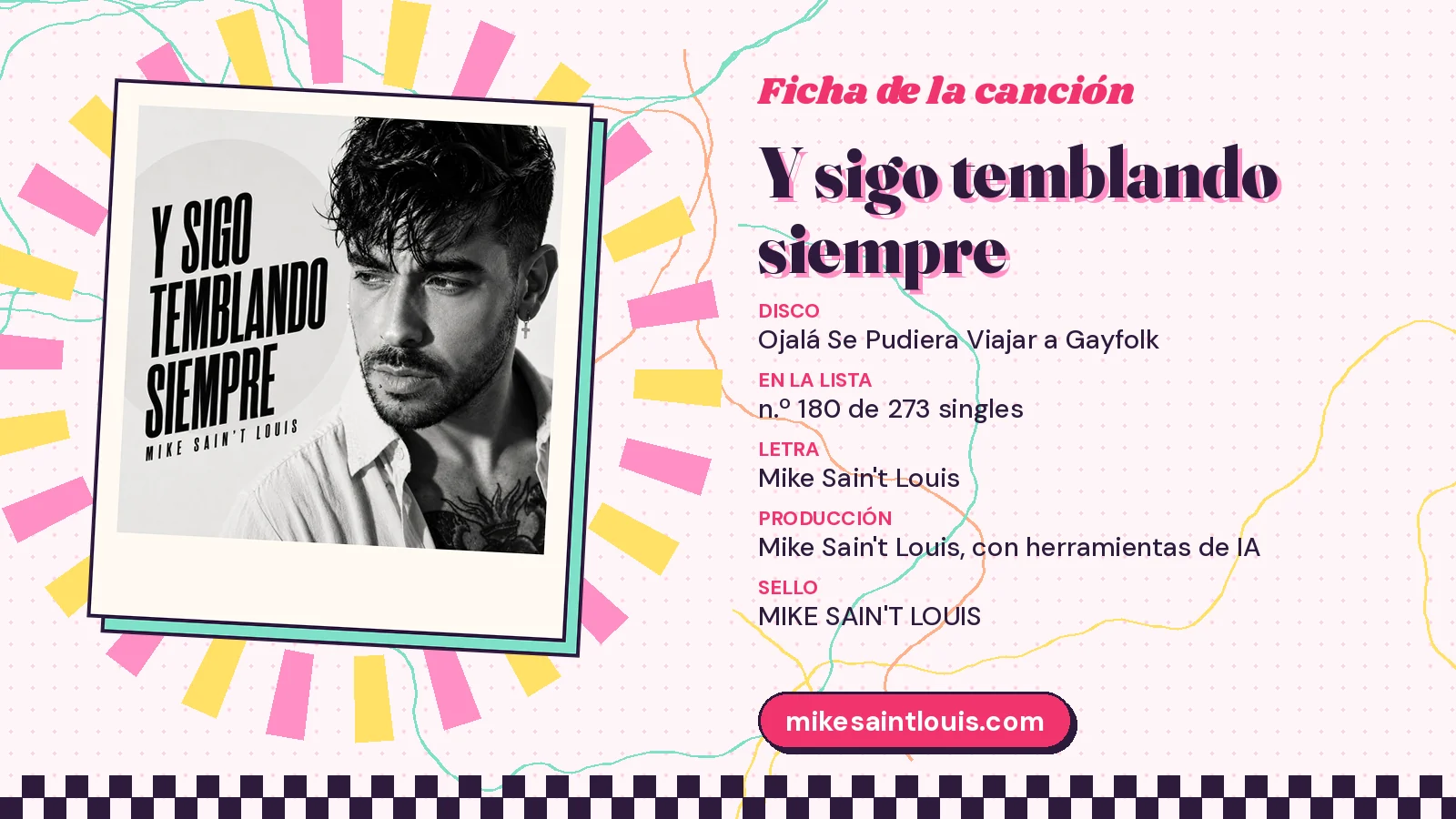 Ficha de la canción «Y sigo temblando siempre» con su carátula: disco «Ojalá Se Pudiera Viajar a Gayfolk», letra y producción de Mike Sain't Louis