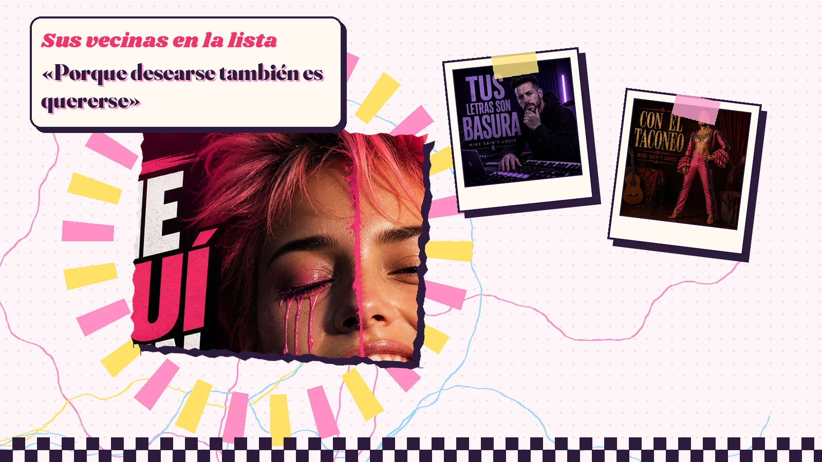 Collage con un detalle de la carátula de «Me Fuí sin Correrme» y las carátulas de «Tus Letras Son Basura», «Con el Taconeo»