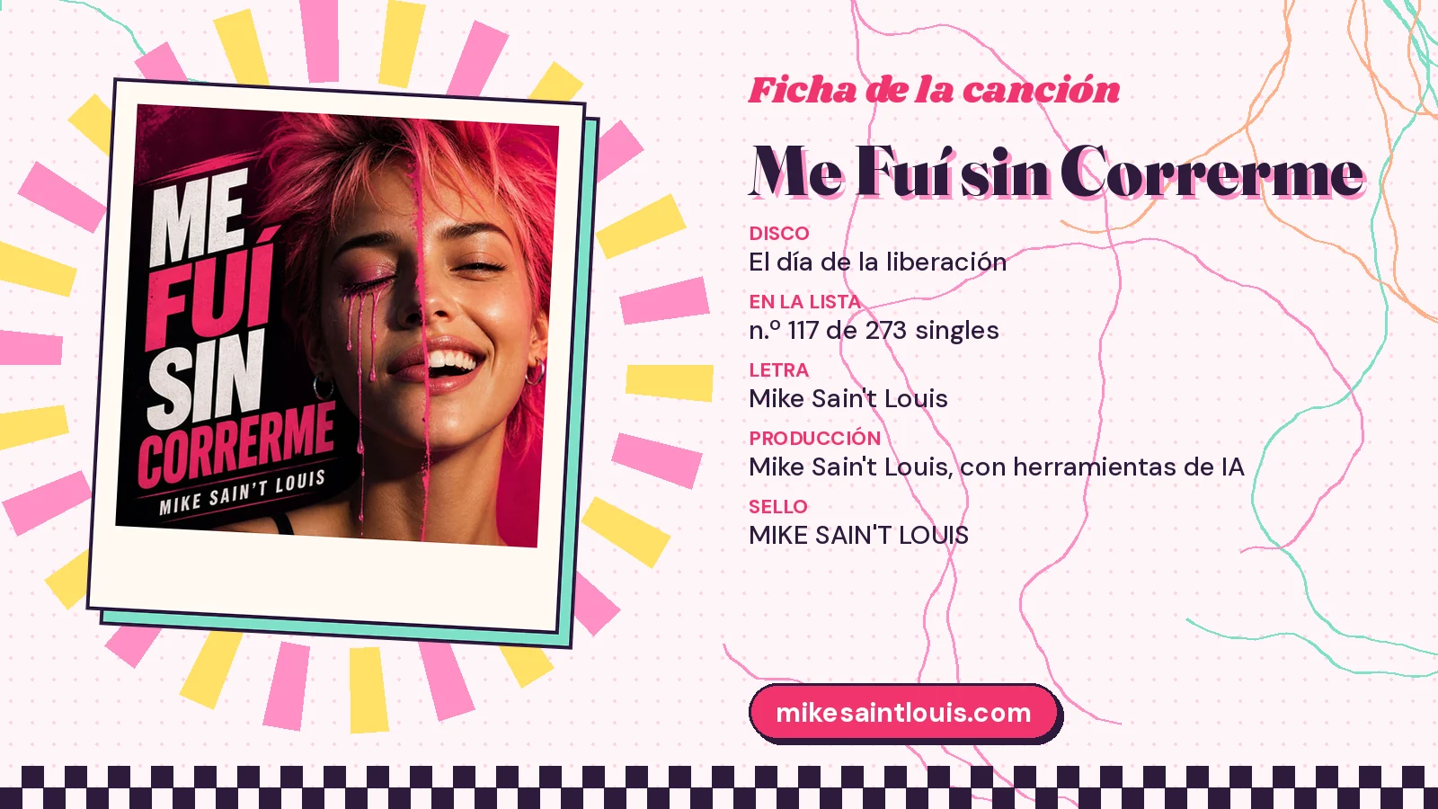 Ficha de la canción «Me Fuí sin Correrme» con su carátula: disco «El día de la liberación», letra y producción de Mike Sain't Louis