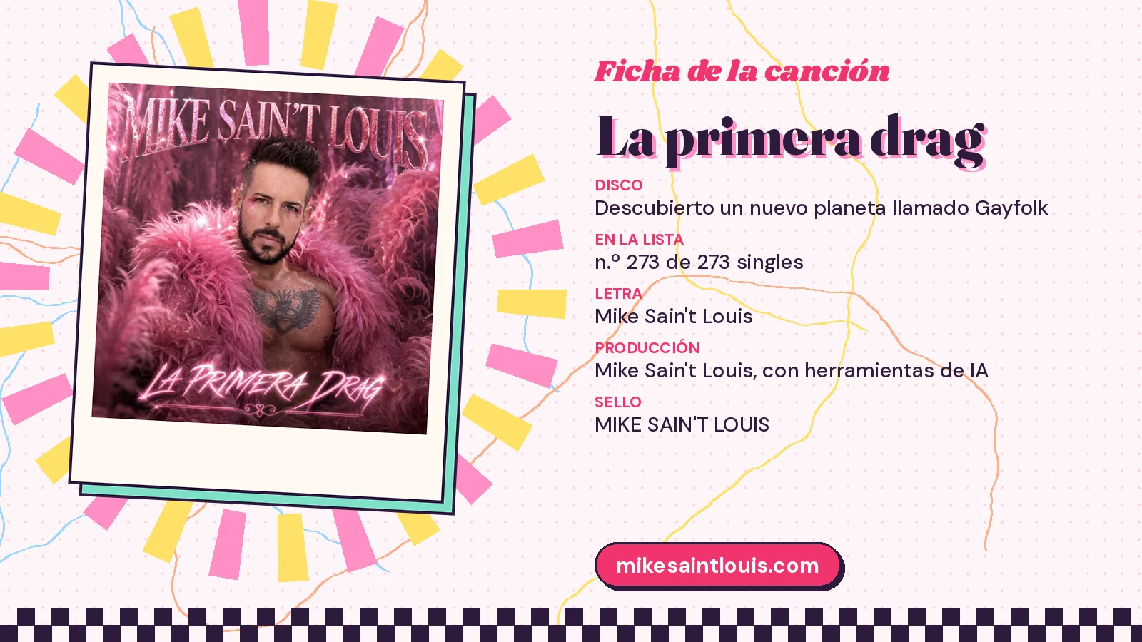 Ficha de la canción «La primera drag» con su carátula: disco «Descubierto un nuevo planeta llamado Gayfolk», letra y producción de Mike Sain't Louis