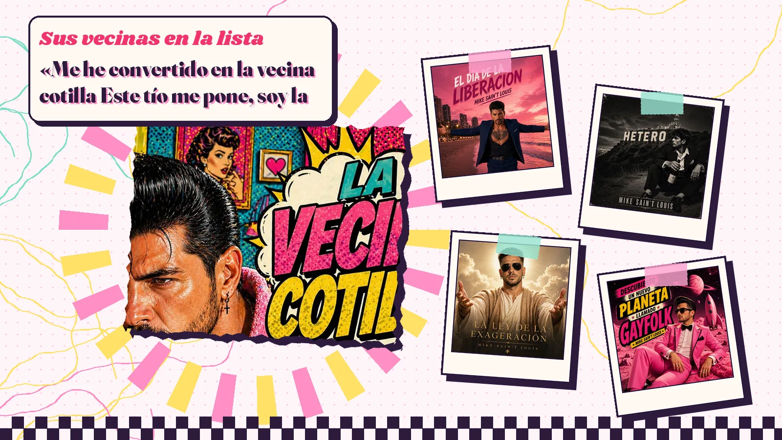Collage con un detalle de la carátula de «La vecina cotilla» y las carátulas de «El Día de la Liberación», «Hetero», «La ley de la exageracion», «Descubierto un nuevo planeta llamado Gayfolk»