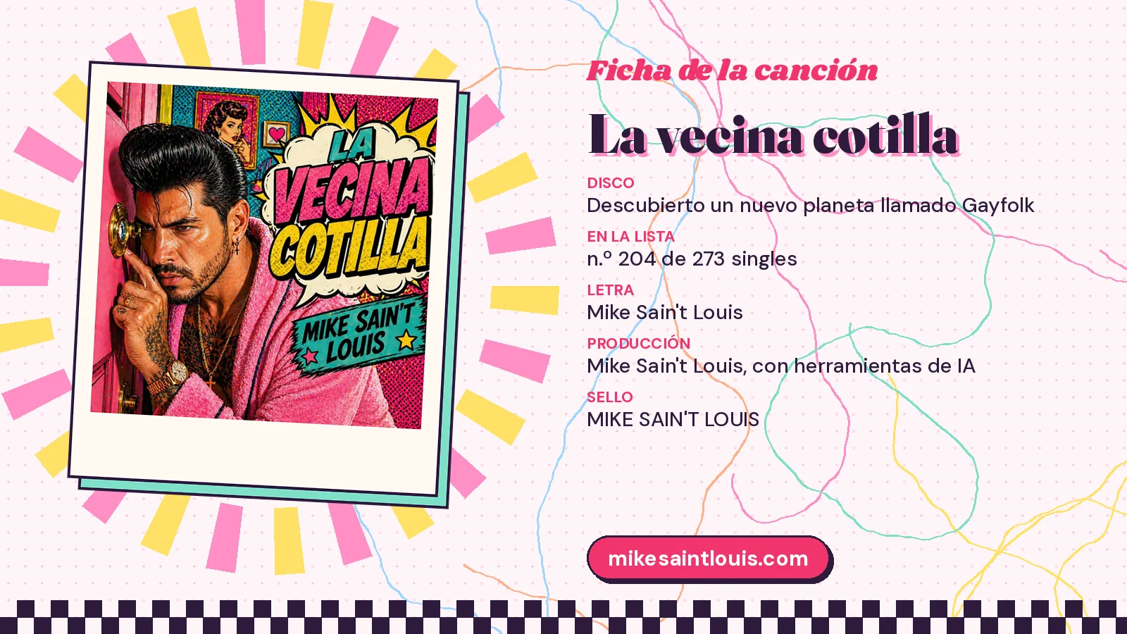 Ficha de la canción «La vecina cotilla» con su carátula: disco «Descubierto un nuevo planeta llamado Gayfolk», letra y producción de Mike Sain't Louis