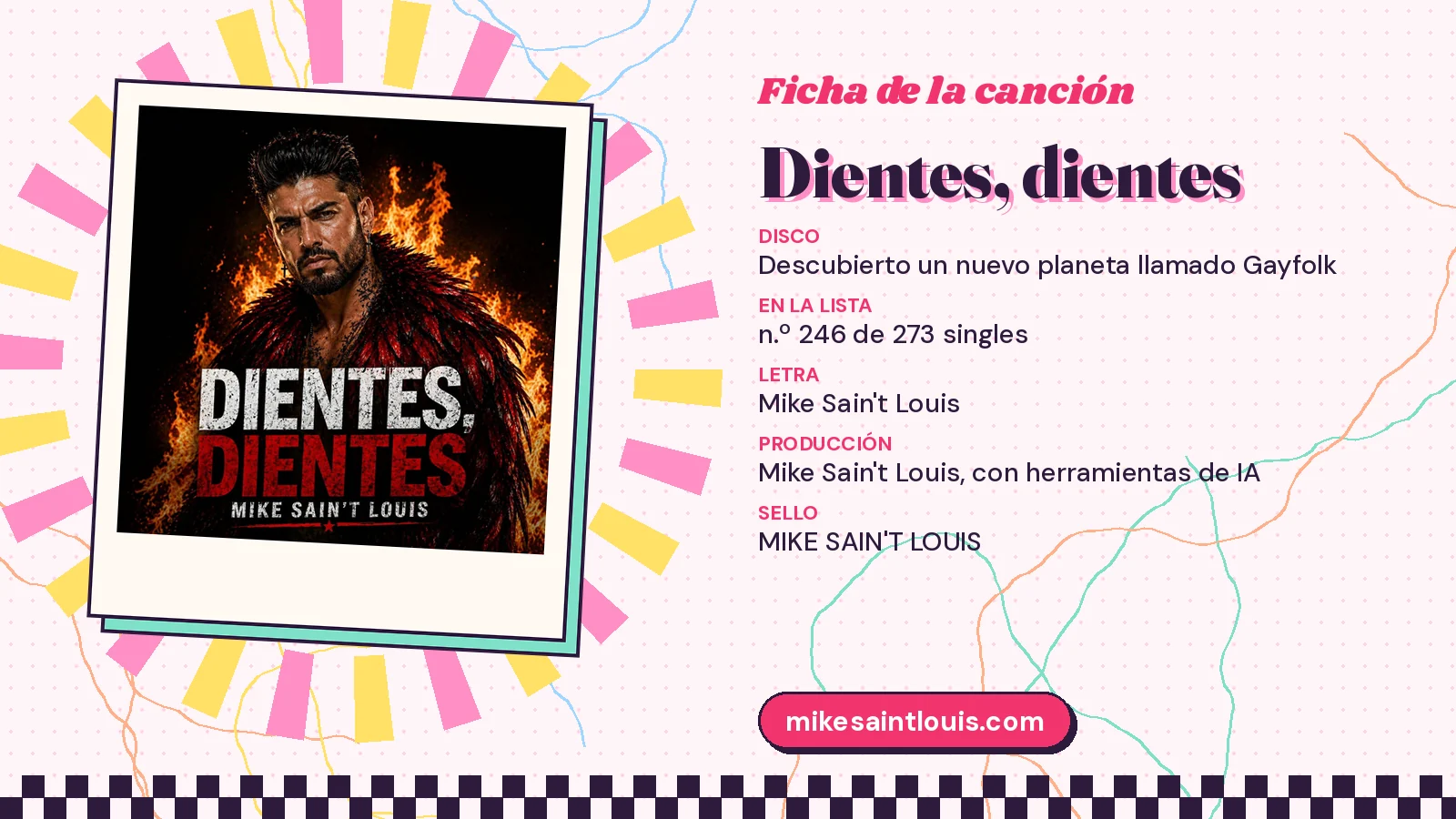 Ficha de la canción «Dientes, dientes» con su carátula: disco «Descubierto un nuevo planeta llamado Gayfolk», letra y producción de Mike Sain't Louis
