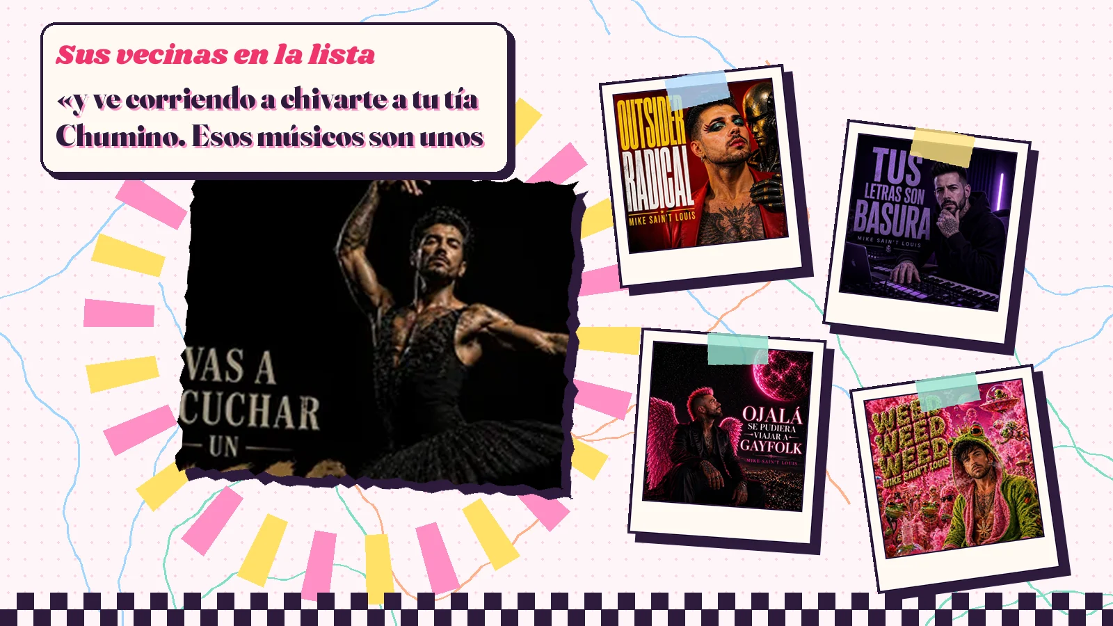 Collage with a detail of the «Vas a escuchar un disco muy raro» cover art and the covers of «Outsider Radical», «Tus Letras Son Basura», «Ojalá se Pudiera Viajar a Gayfolk» and «Weed, Weed, Weed»