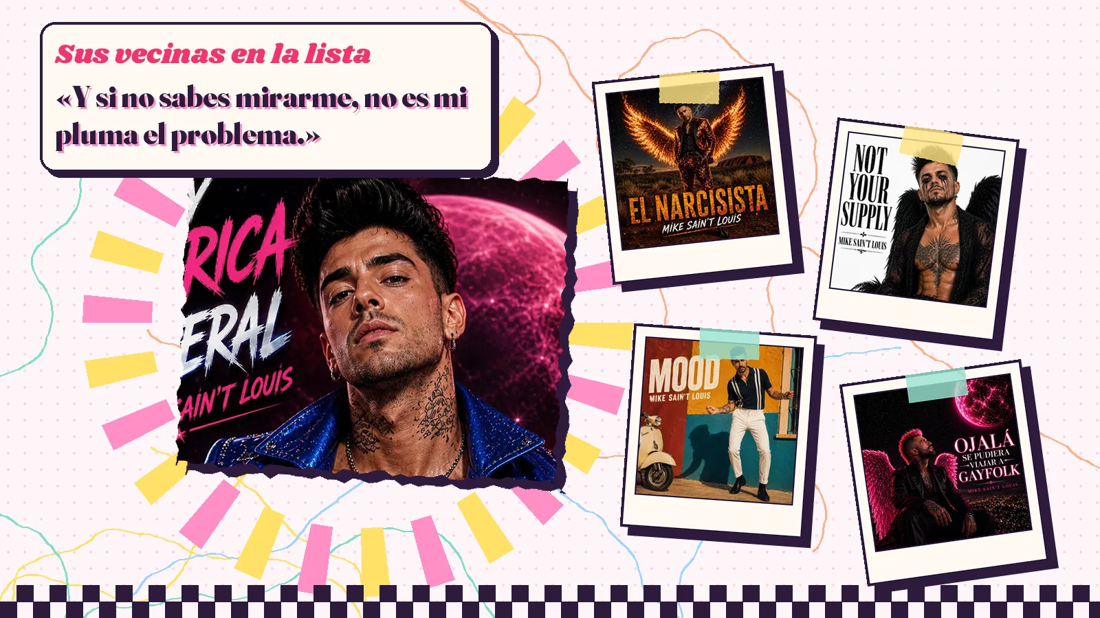 Collage with a detail of the «Soy marica sideral» cover art and the covers of «El narcisista», «Not your supply», «Mood» and «Ojalá se pudiera viajar a GAYFOLK»