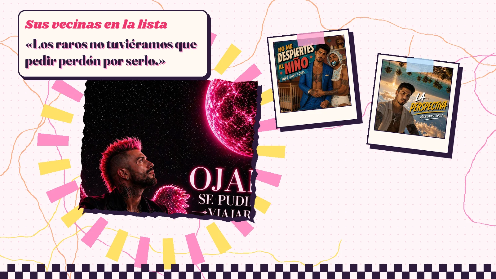 Collage con un detalle de la carátula de «Ojalá se pudiera viajar a GAYFOLK» y las carátulas de «No Me Despiertes al Niño», «La perspectiva»