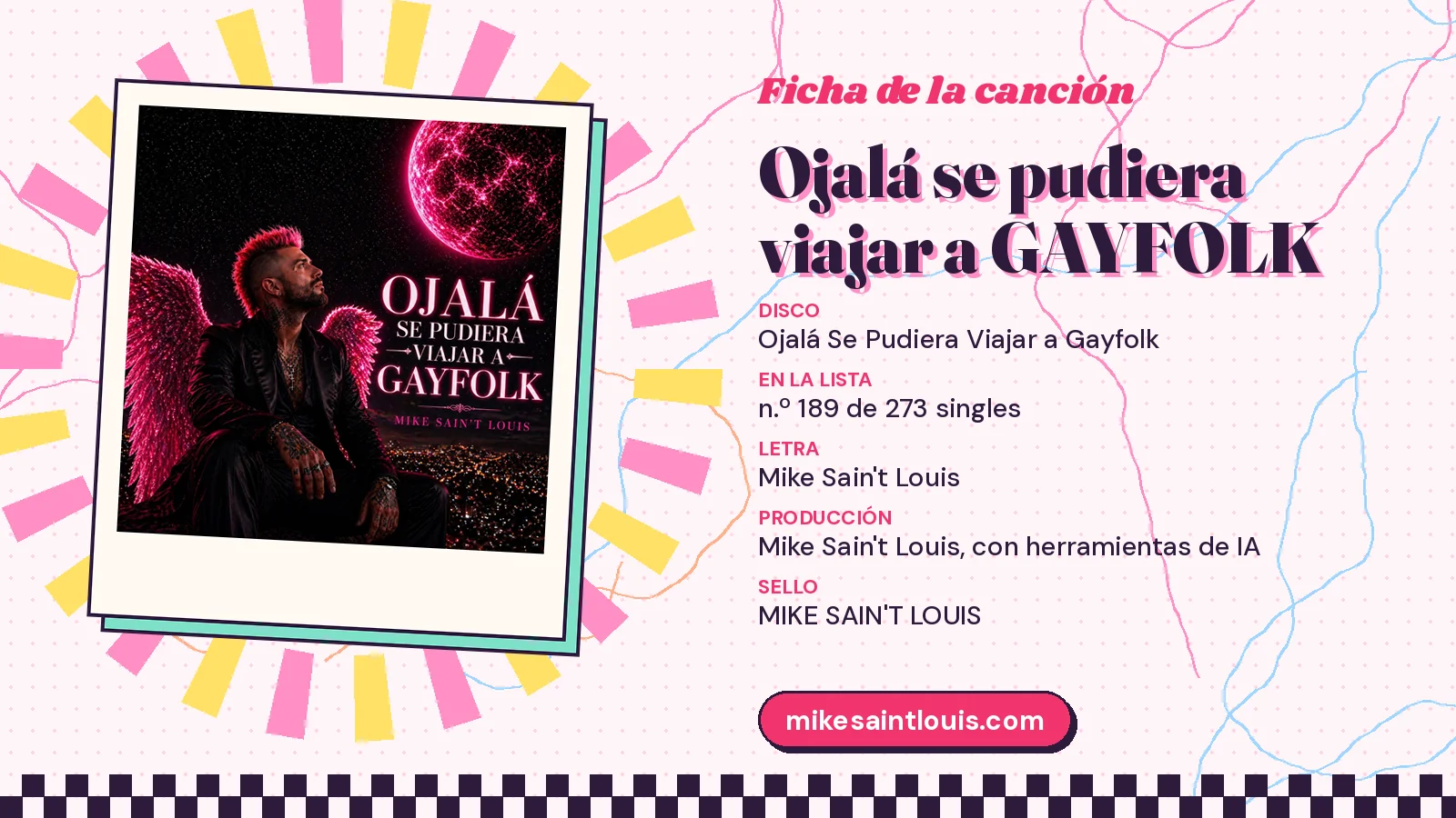Ficha de la canción «Ojalá se pudiera viajar a GAYFOLK» con su carátula: disco «Ojalá Se Pudiera Viajar a Gayfolk», letra y producción de Mike Sain't Louis