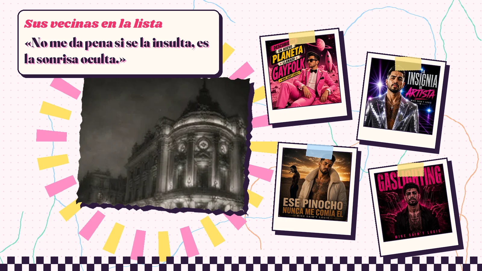 Collage con un detalle de la carátula de «Extravaganza» y las carátulas de «Descubierto un nuevo planeta llamado Gayfolk», «La insignia de artista», «Ese Pinocho nunca me comía el chocho», «Gaslighting»