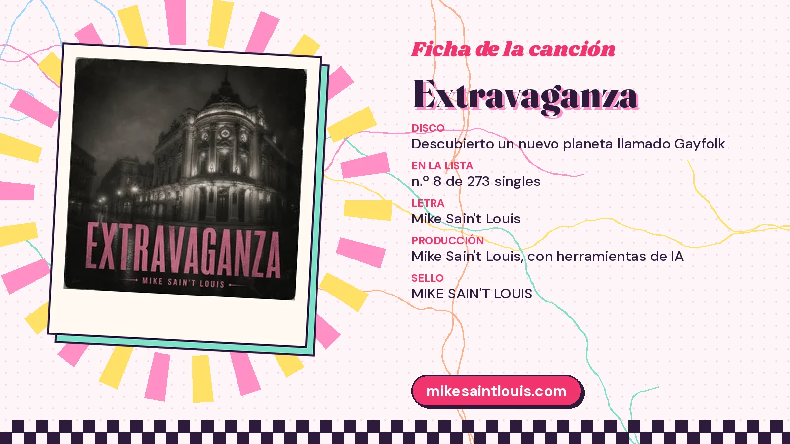 Ficha de la canción «Extravaganza» con su carátula: disco «Descubierto un nuevo planeta llamado Gayfolk», letra y producción de Mike Sain't Louis