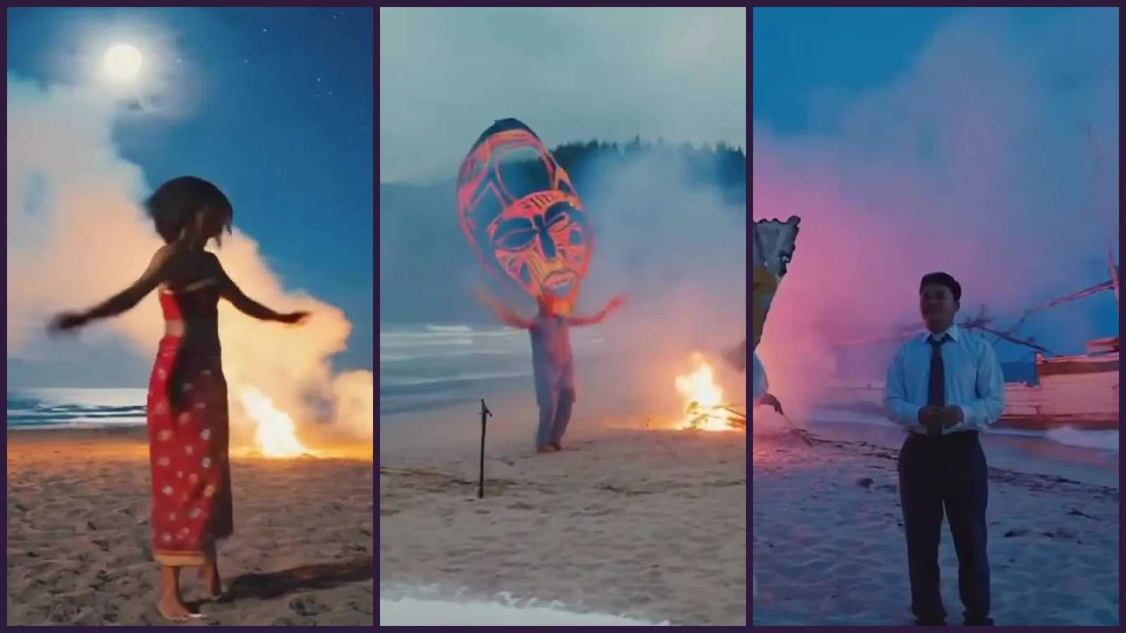 Tres franjas de fotogramas del videoclip de «Light It Up»: una mujer con falda roja baila descalza entre dos hogueras bajo la luna llena, dos cometas gigantes con forma de cara pintada vuelan sobre el humo de la orilla y un hombre con camisa y corbata en la orilla, con el borde de un cabezudo de cartón piedra y humo rosa detrás