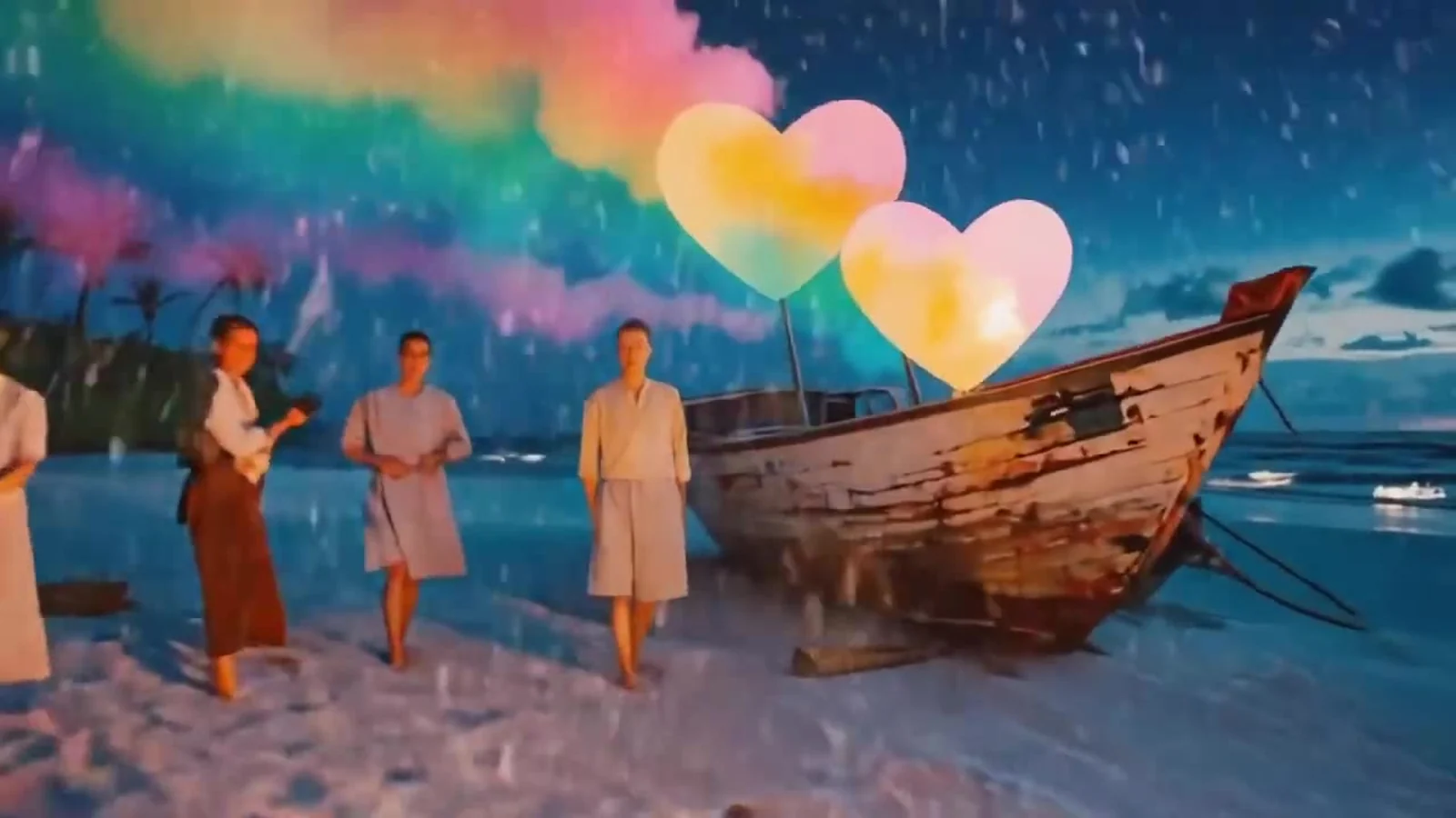 Fotograma del videoclip de «Light It Up»: una nube de humo con todos los colores del arcoíris cruza el cielo nocturno sobre dos globos de corazón y una barca vieja varada, con cuatro mujeres de vestido claro en la orilla