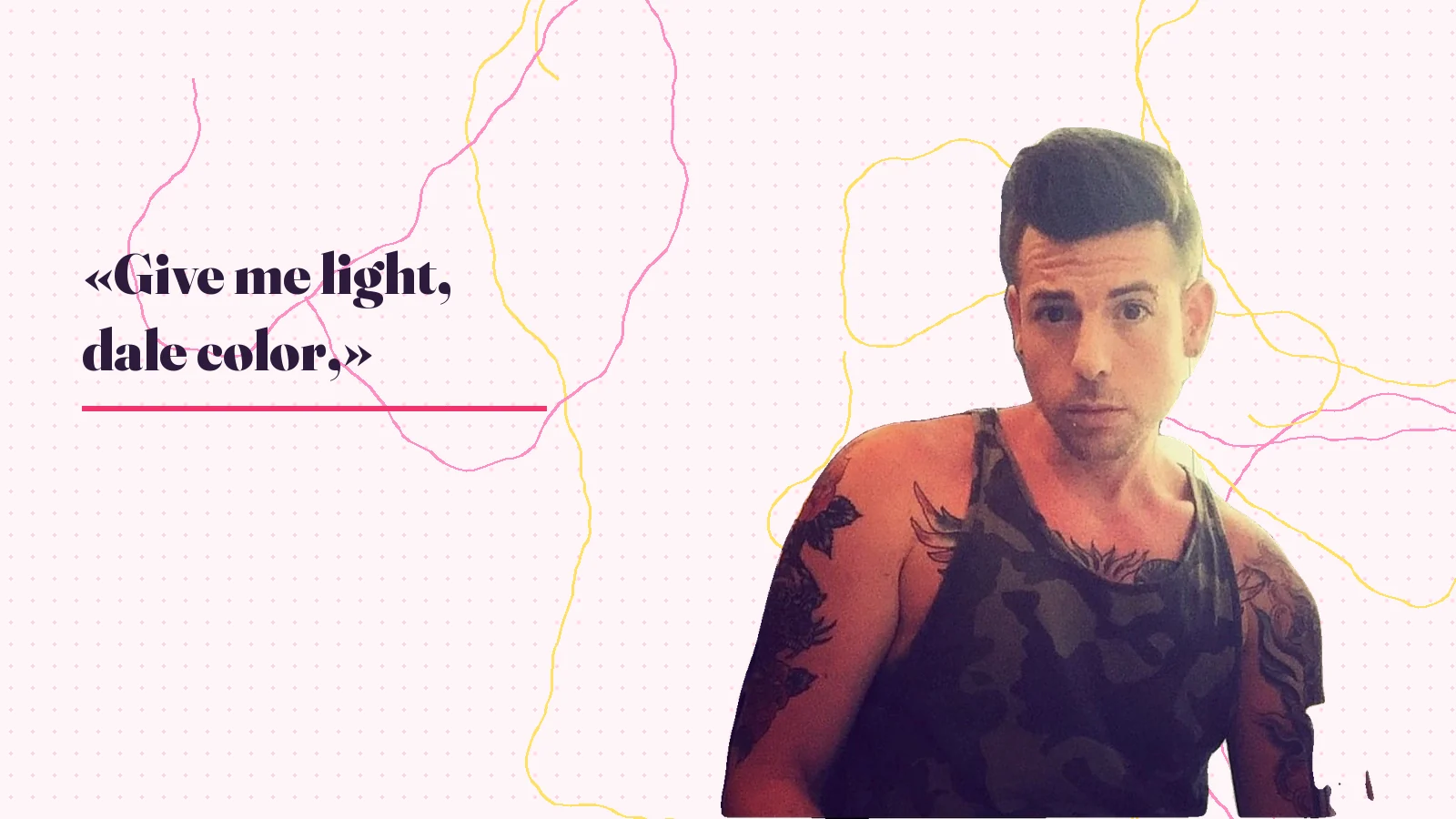 Foto real de Mike Sain't Louis con camiseta de tirantes junto al verso de «Mi salvador» «Give me light, dale color»