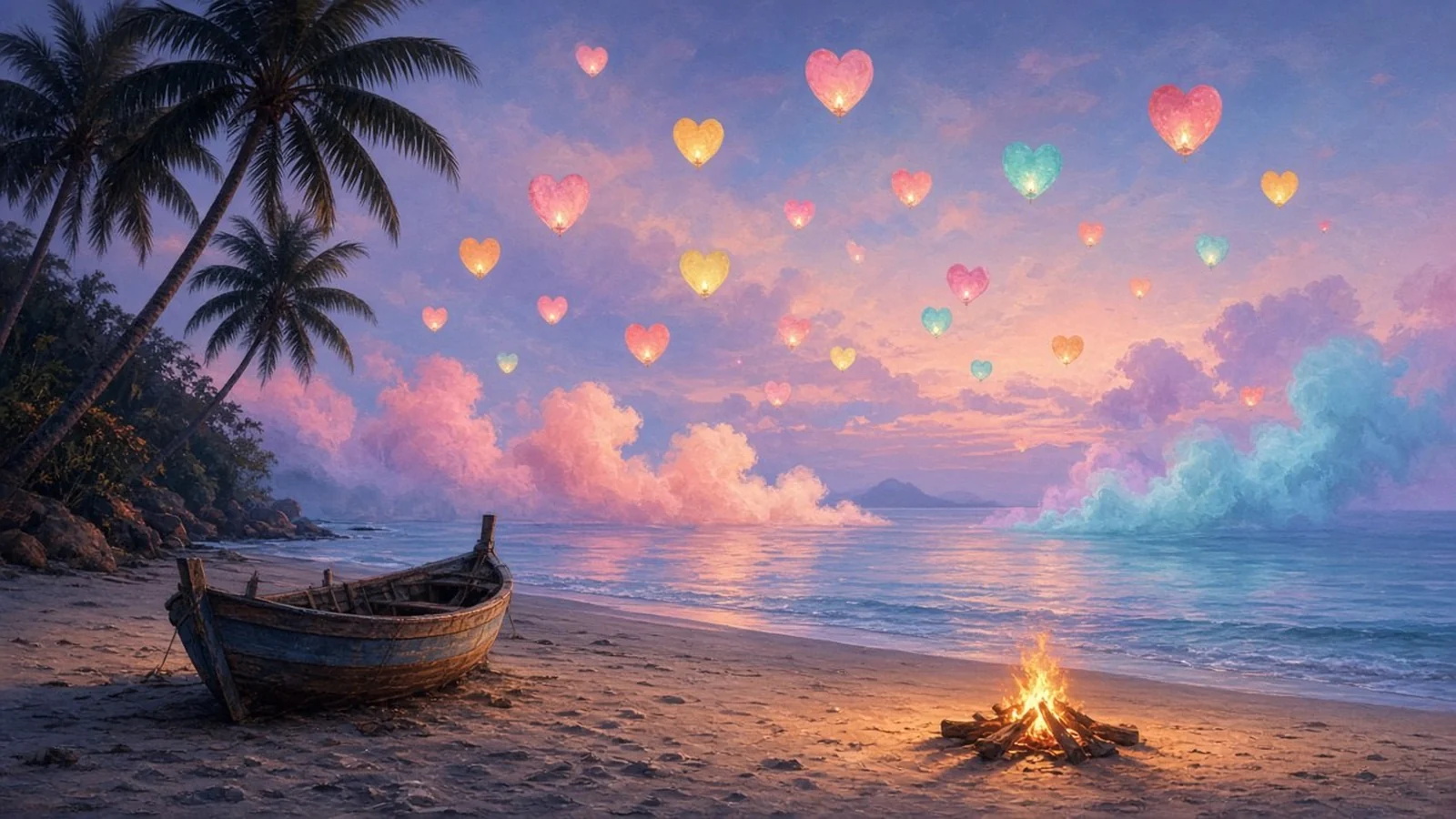 Ilustración sin personas de una playa tropical en la hora azul con farolillos de papel en forma de corazón subiendo sobre el mar, una hoguera pequeña, una barca de pesca de madera y humo de colores pastel